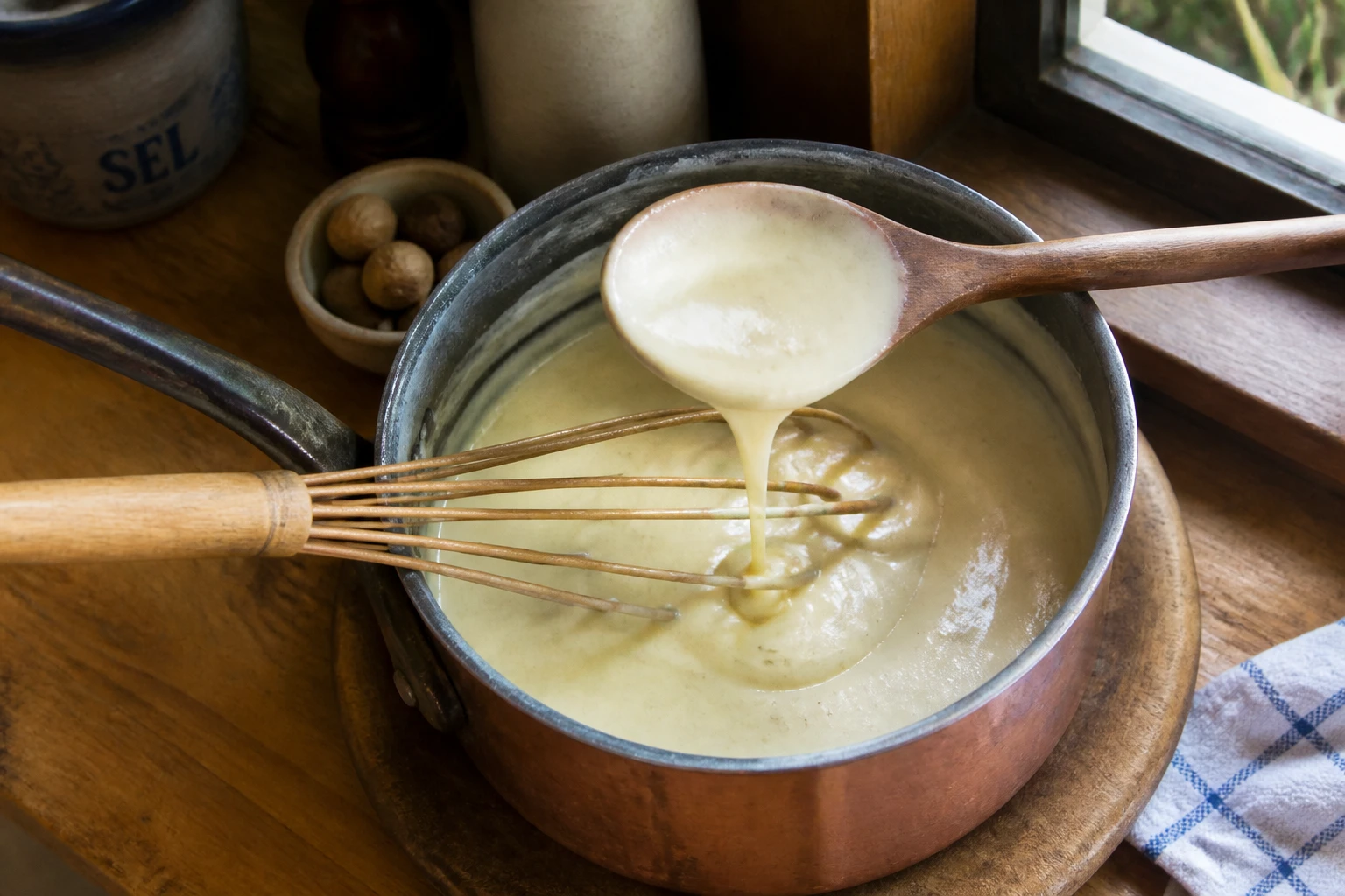 Casserole de béchamel lisse et épaisse préparée sans farine, texture nappante sur une cuillère en bois