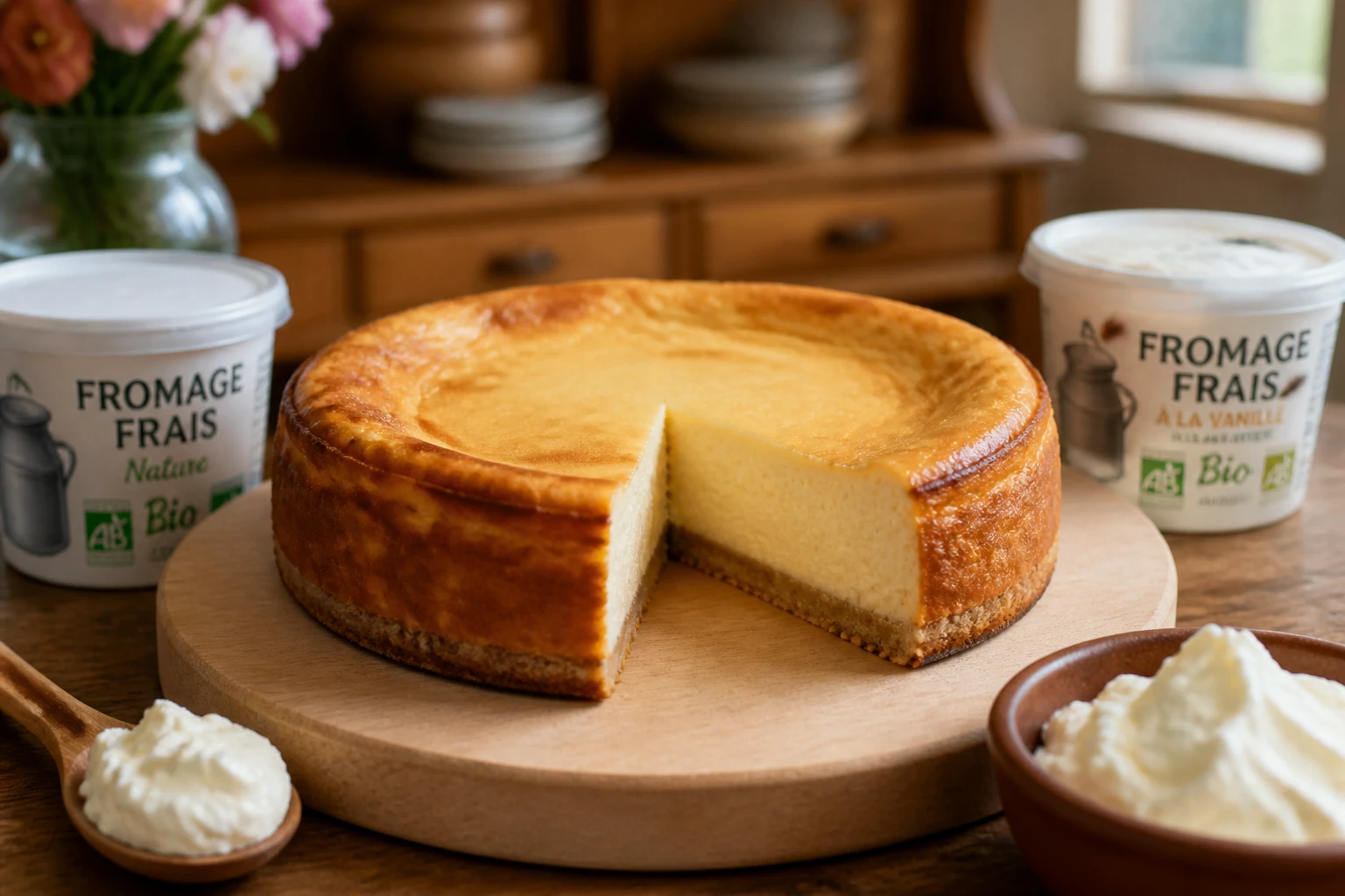 Cheesecake new-yorkais coupé montrant sa texture dense obtenue avec du Philadelphia, sur planche en bois