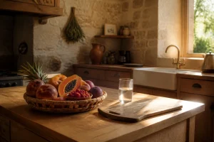 Panier de fruits frais dont papaye et framboises sur un plan de travail en bois, lumière naturelle