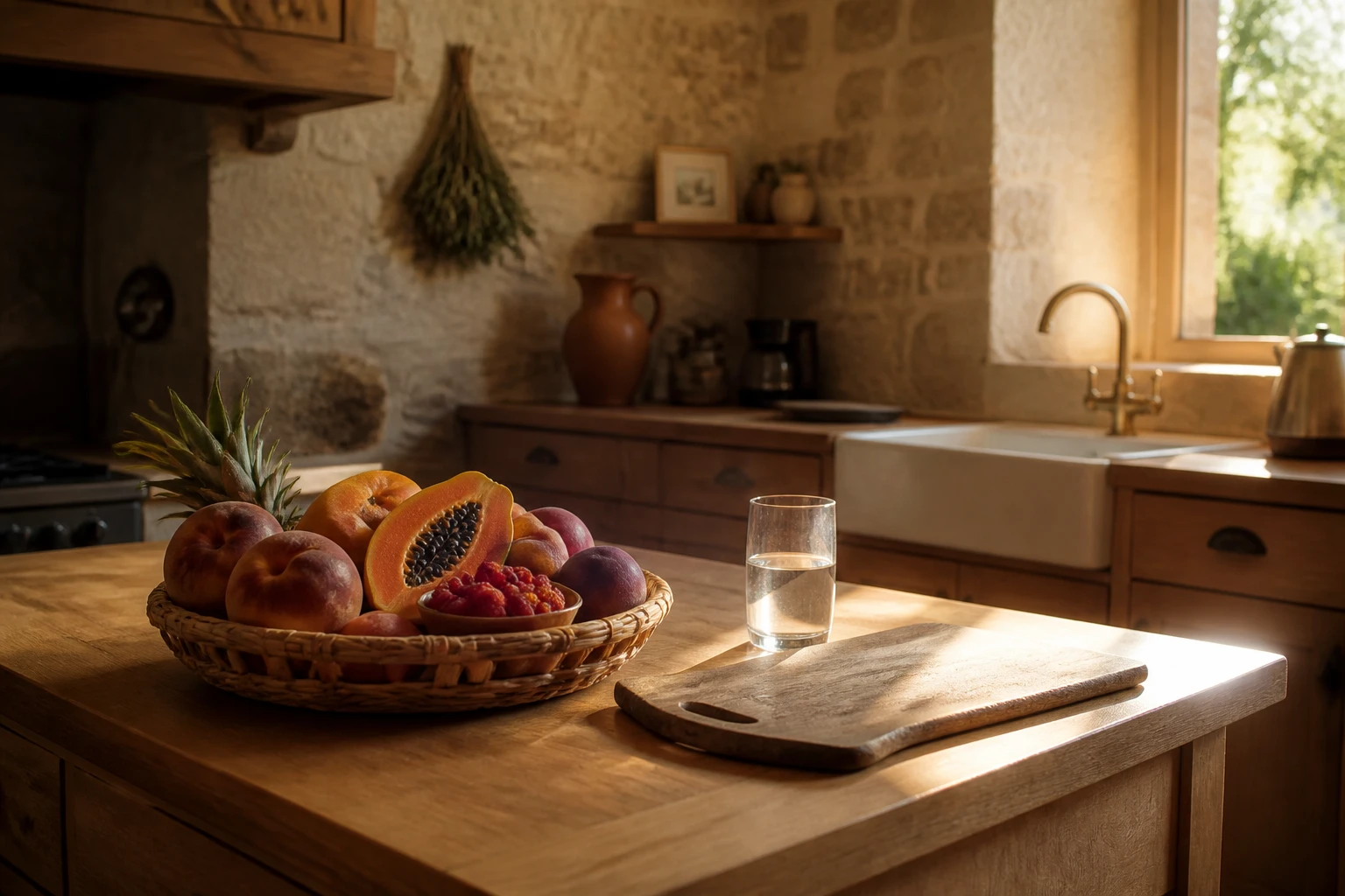 Panier de fruits frais dont papaye et framboises sur un plan de travail en bois, lumière naturelle