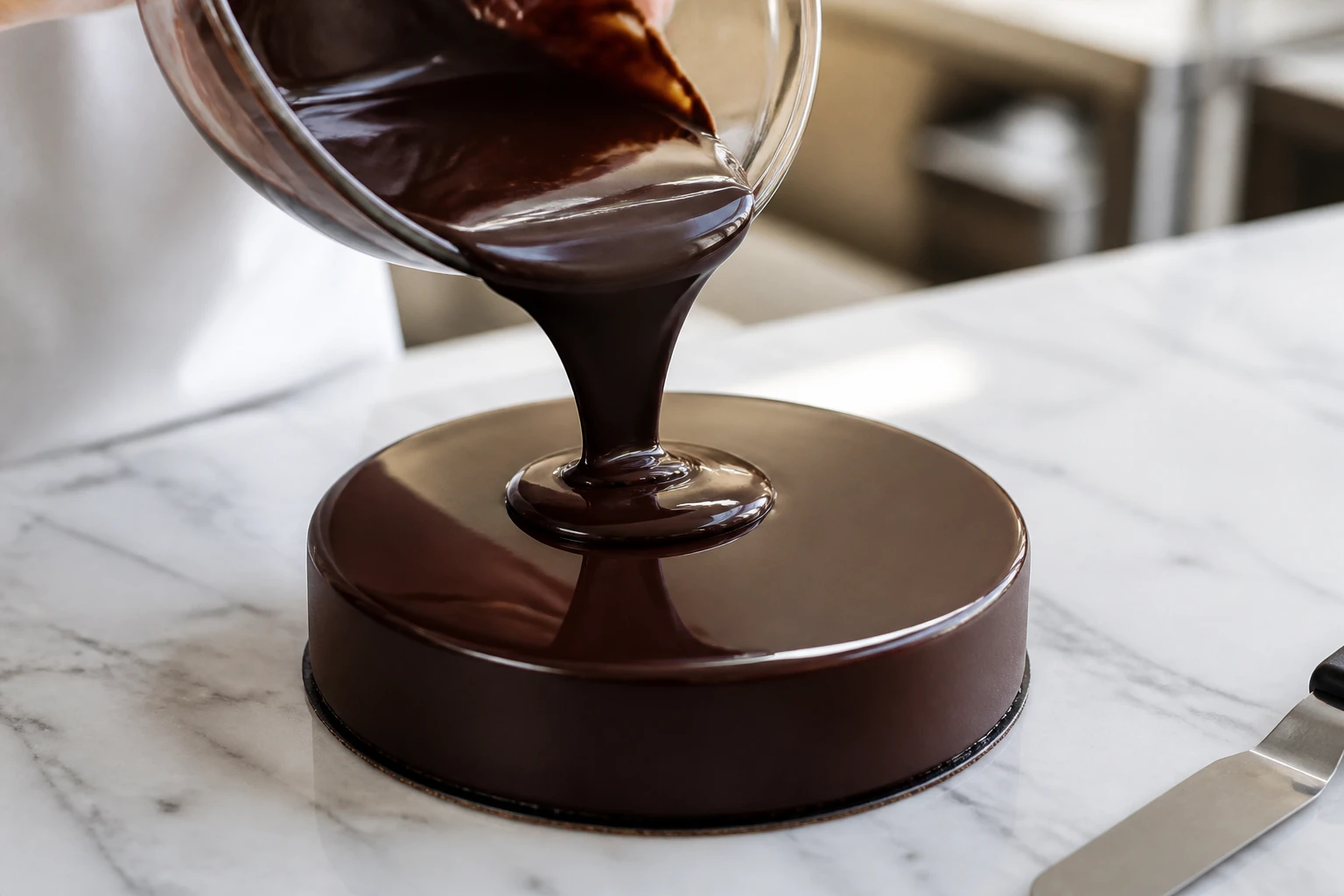 Ganache au chocolat noir versée sur un entremets, texture brillante et coulante sur plan en marbre