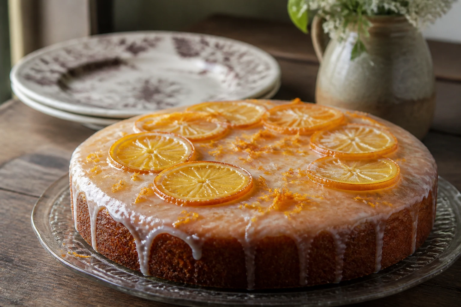 Gâteau à l'orange maison glacé, décoré de zestes et tranches d'orange, sur table en bois
