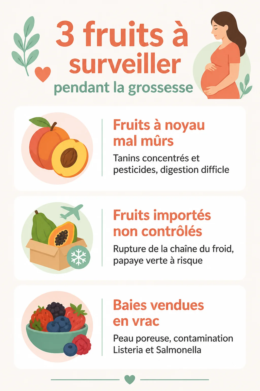3 fruits à surveiller pendant la grossesse : Fruits à noyau mal mûrs, Fruits importés non contrôlés, Baies vendues en vrac