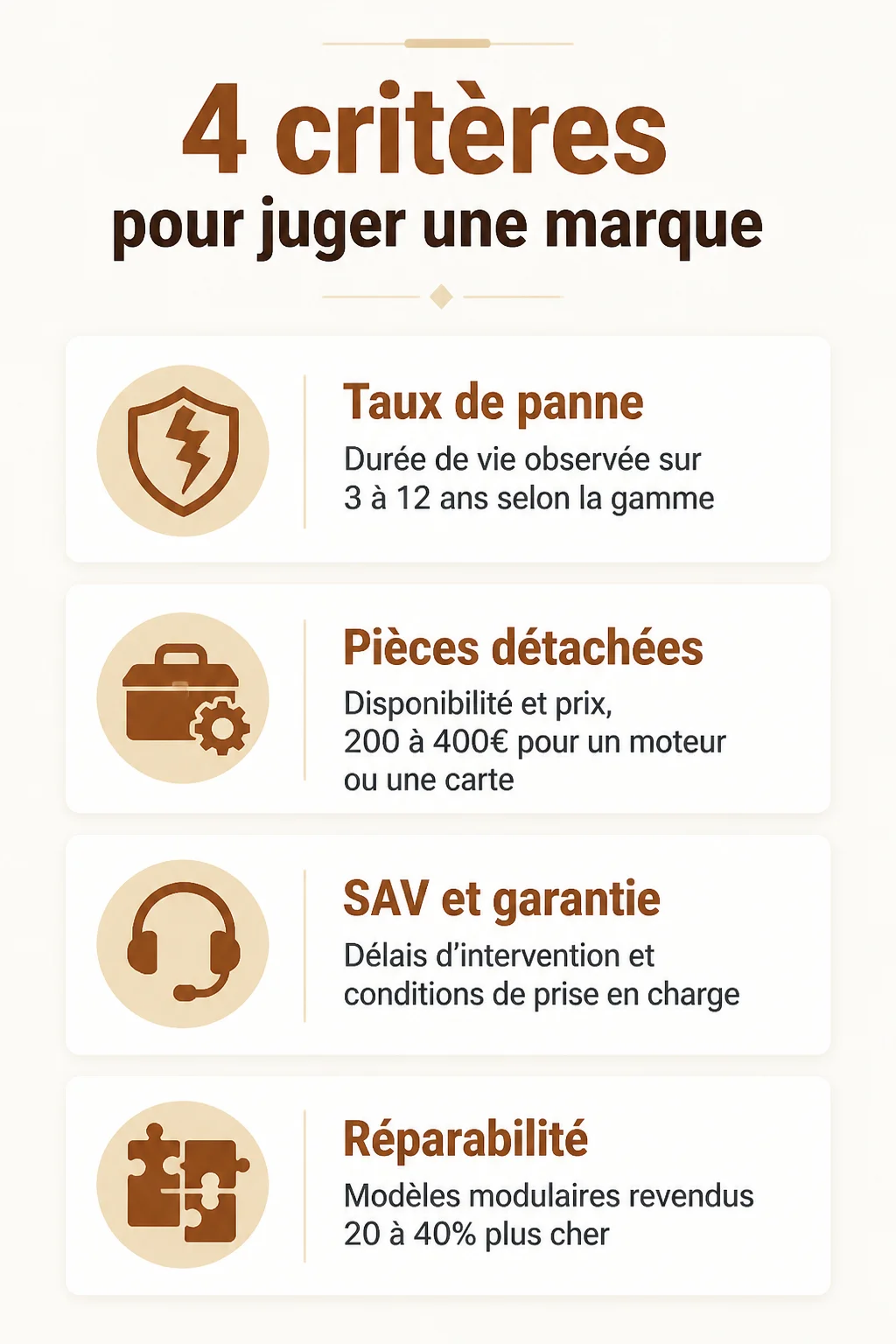 4 critères pour juger une marque : Taux de panne, Pièces détachées, SAV et garantie, Réparabilité