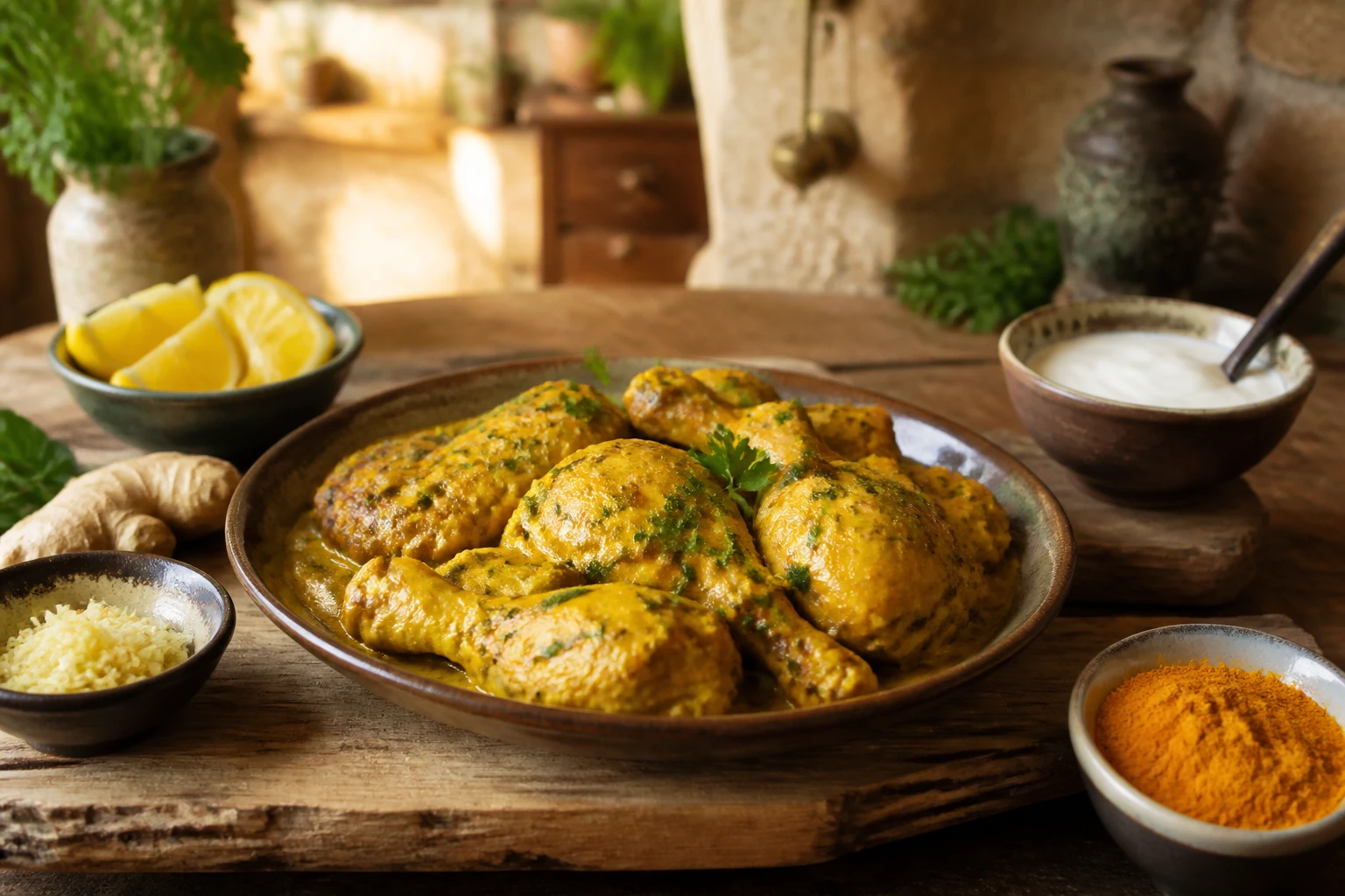 Morceaux de poulet marinés au curry doré sur planche en bois avec épices et citron autour