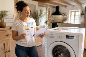 Femme examinant la fiche technique d'un lave-linge dans une cuisine lumineuse avant d'acheter