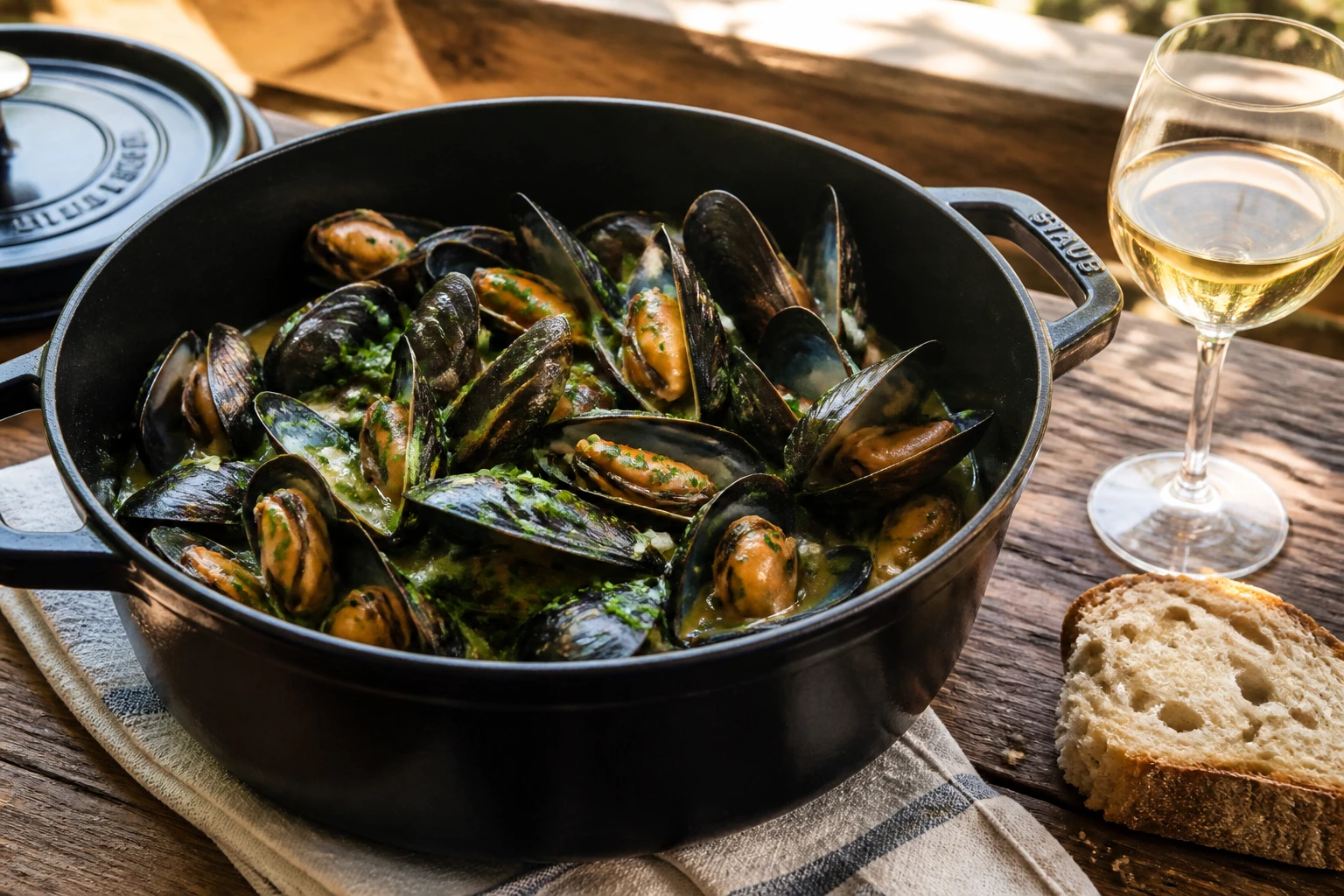 Cocotte de moules marinières ouvertes au jus persillé, servies façon grand-mère avec pain de campagne