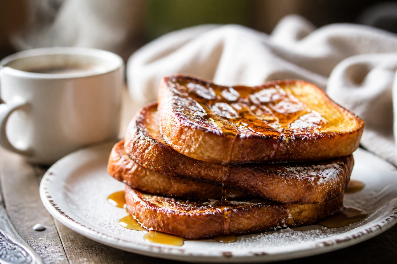 Tranches de pain perdu doré saupoudrées de sucre glace avec filet de miel, servies sur assiette blanche