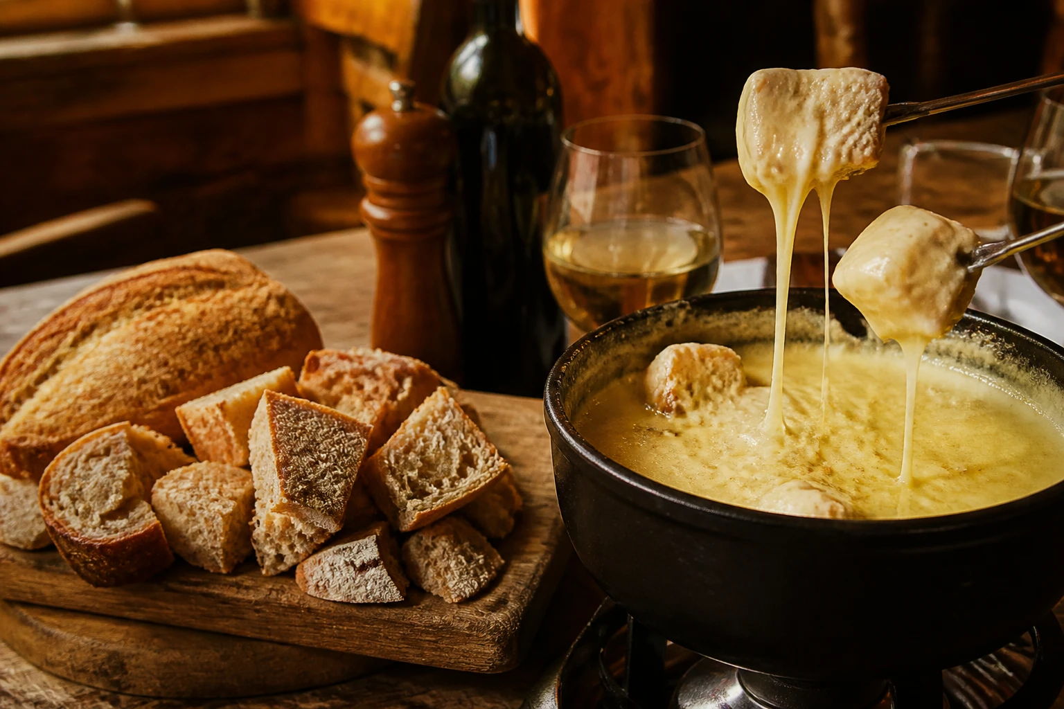 Cubes de pain de campagne à côté d'un caquelon de fondue au fromage fumant