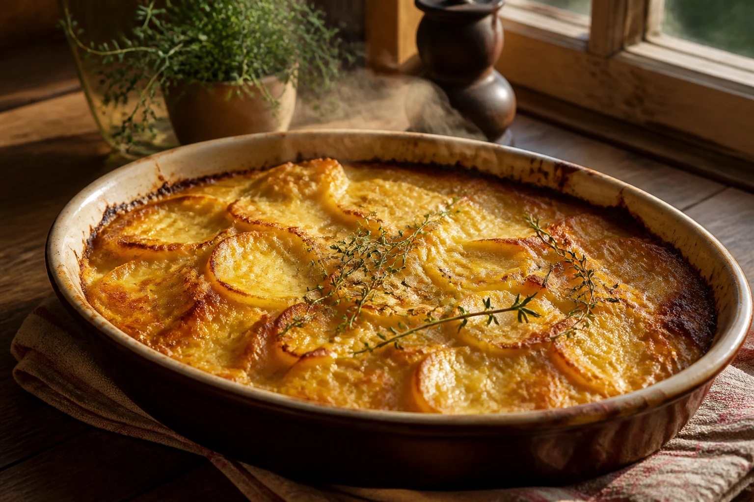 Gratin de pommes de terre doré et gratiné dans un plat en céramique, sans béchamel classique