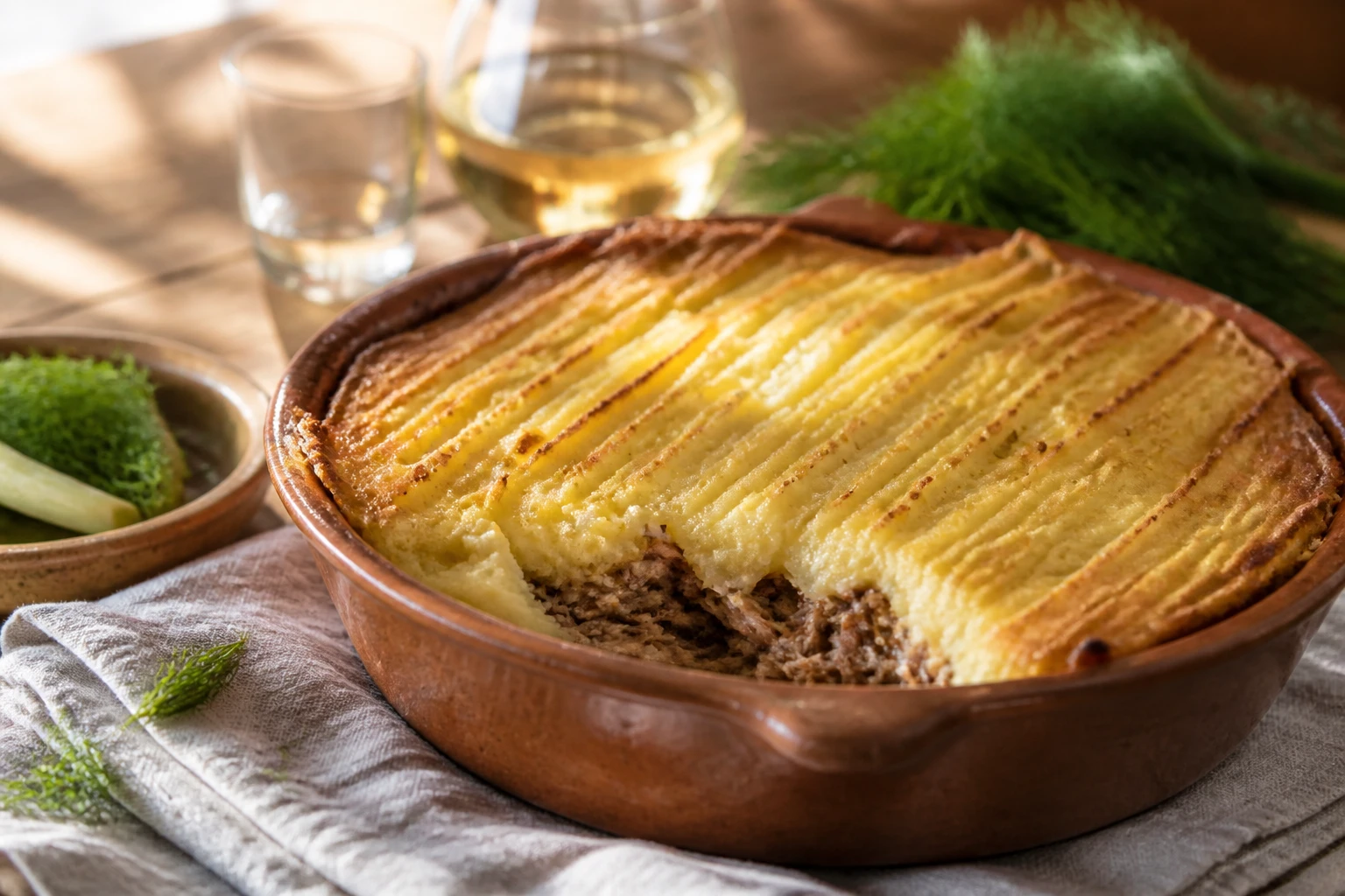 Parmentier de canard grand-mère gratiné dans un plat en terre cuite avec purée dorée