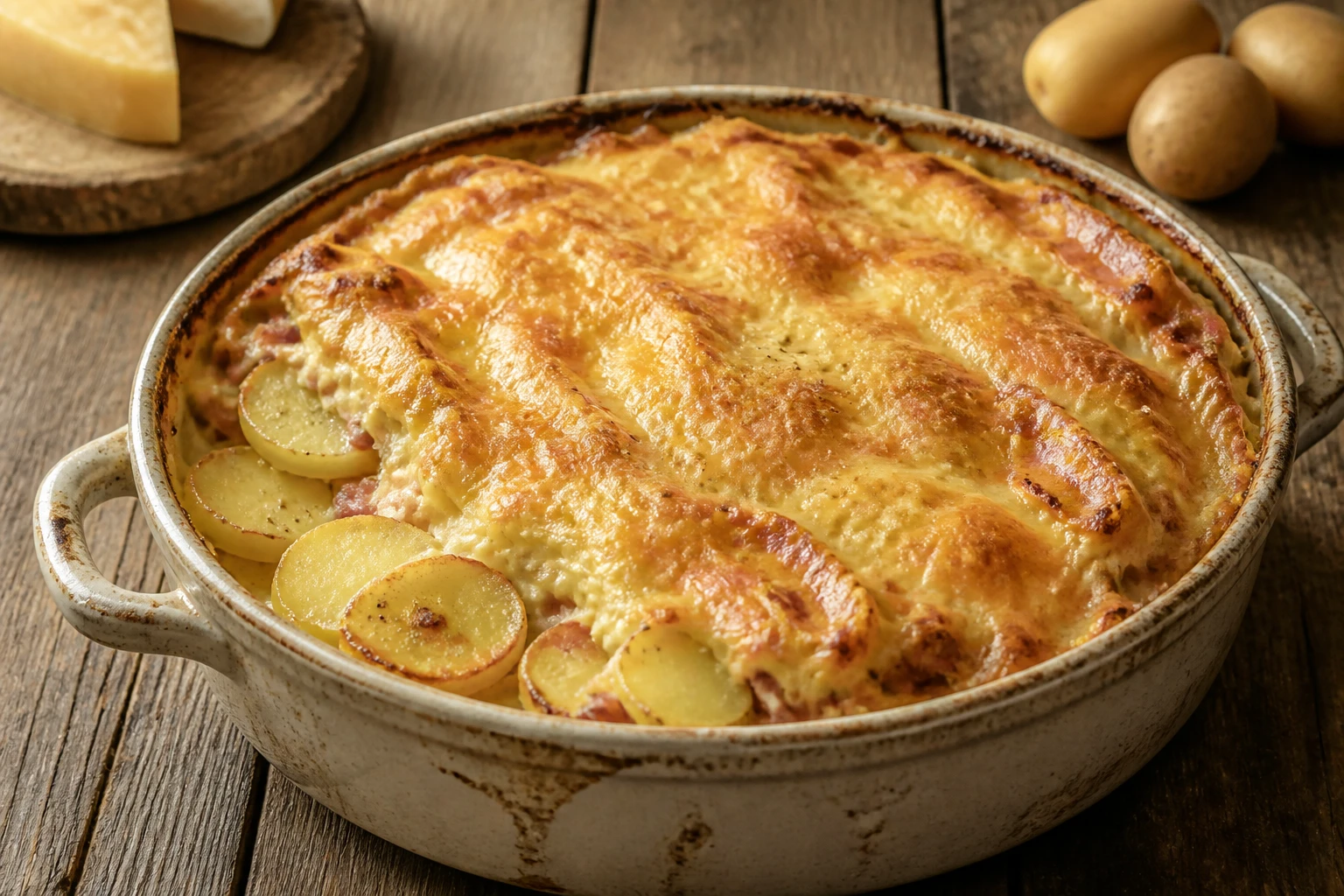Tartiflette gratinée au reblochon dans un plat en céramique rustique, pommes de terre fondantes visibles