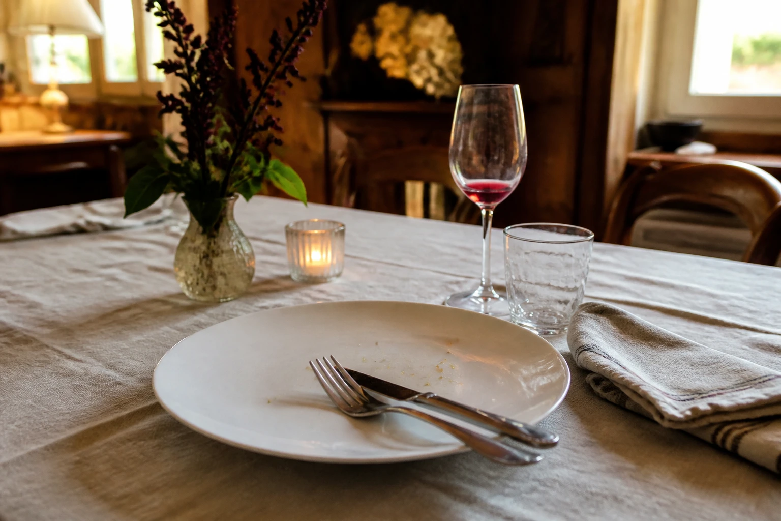 Couverts alignés en diagonale sur une assiette blanche signalant la fin du repas