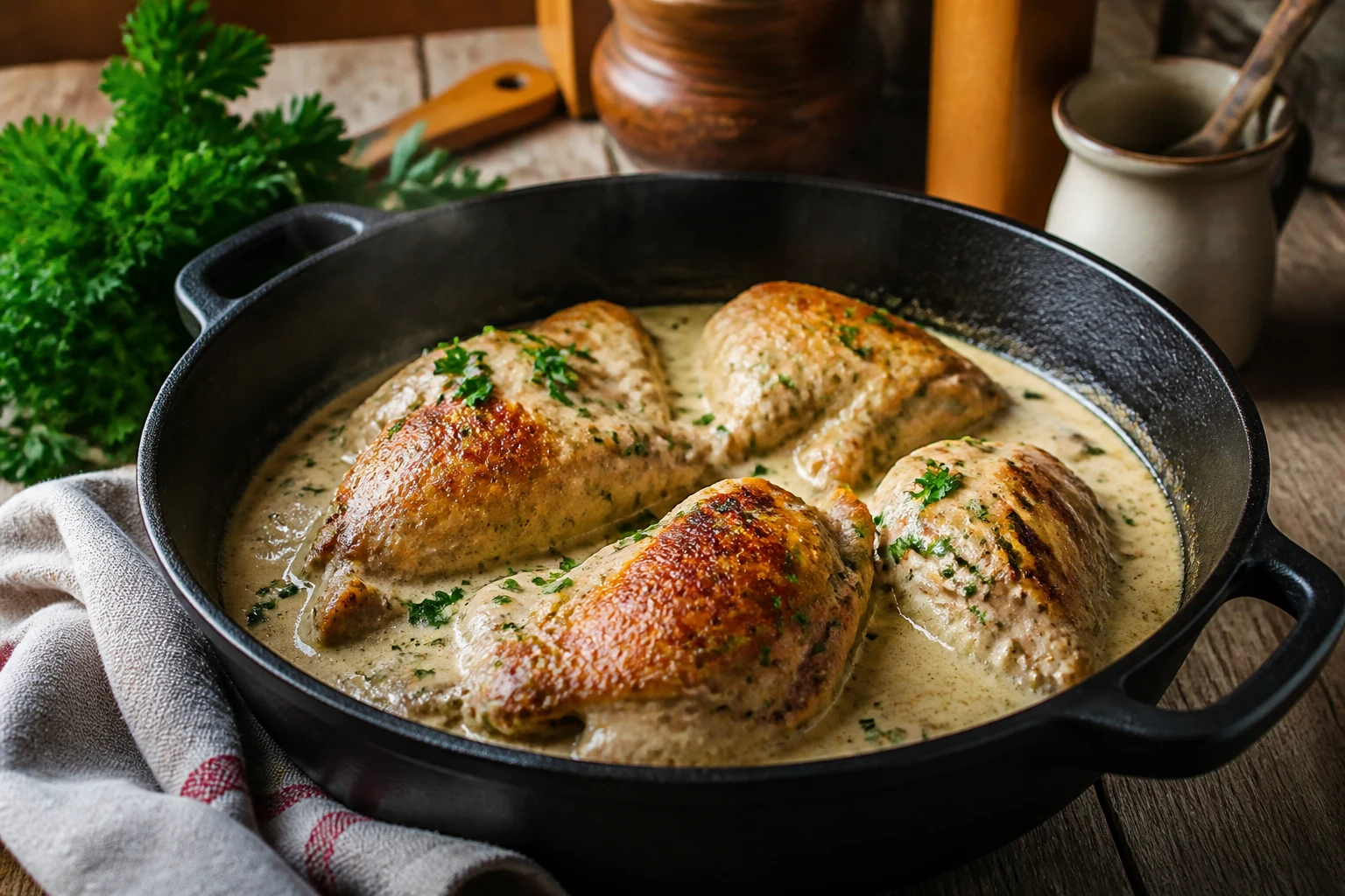 Poulet à la crème façon grand-mère mijoté en cocotte, sauce onctueuse et cuisses dorées