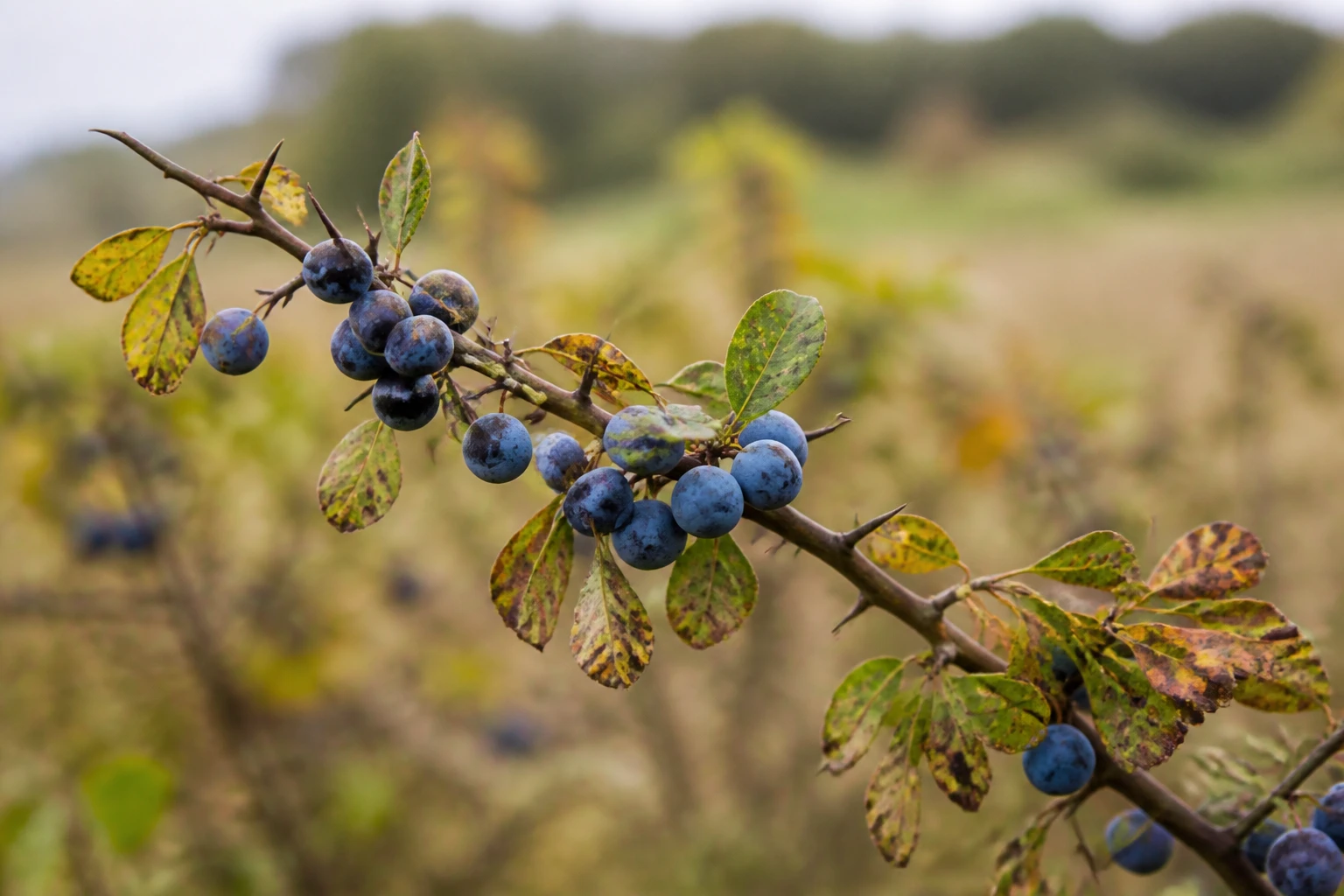 Rameau de prunellier avec prunelles bleu-violacé mûres couvertes de pruine blanche en automne