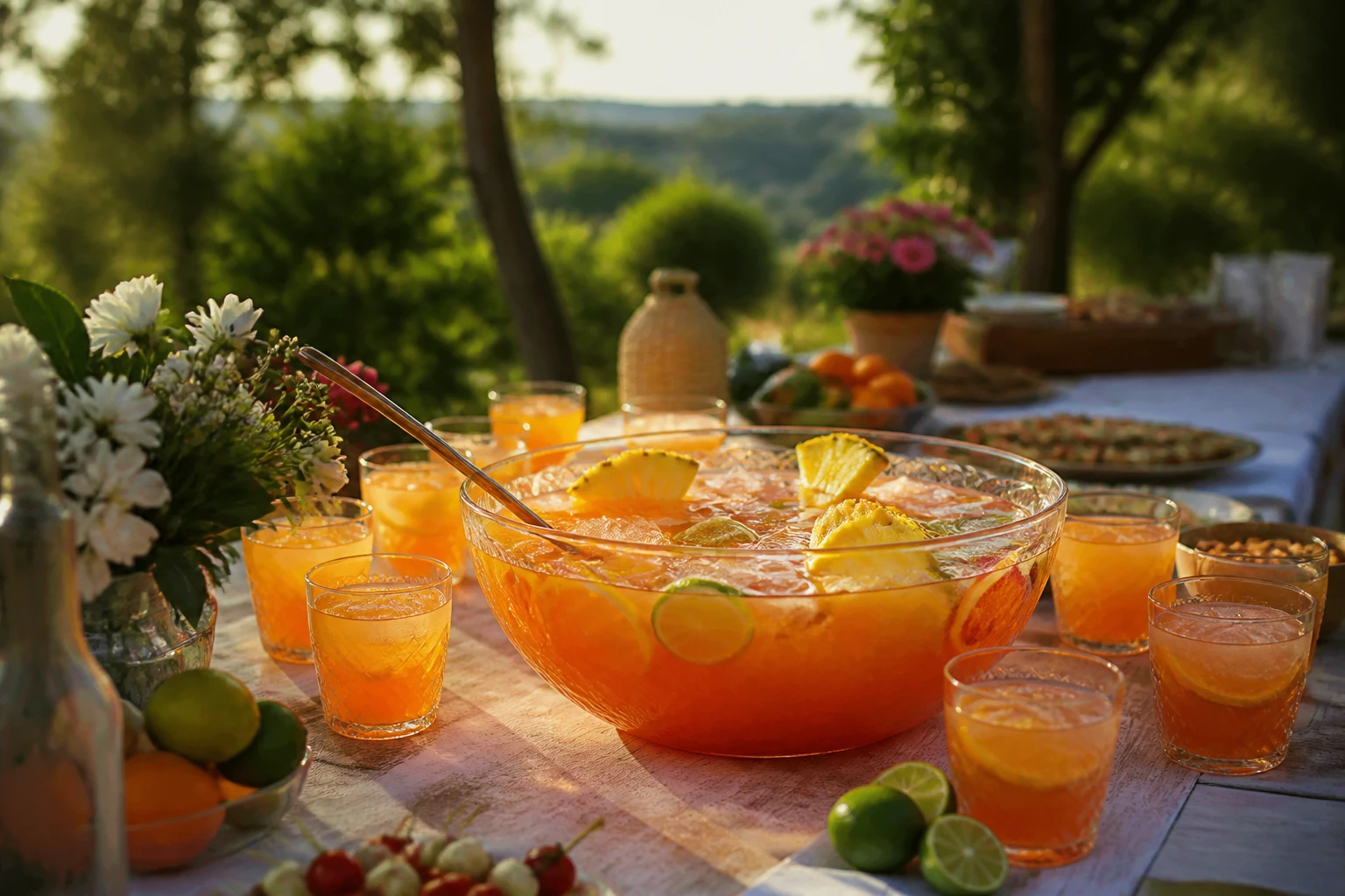 Saladier de punch pour 50 personnes garni de fruits frais et de glaçons sur une table de réception