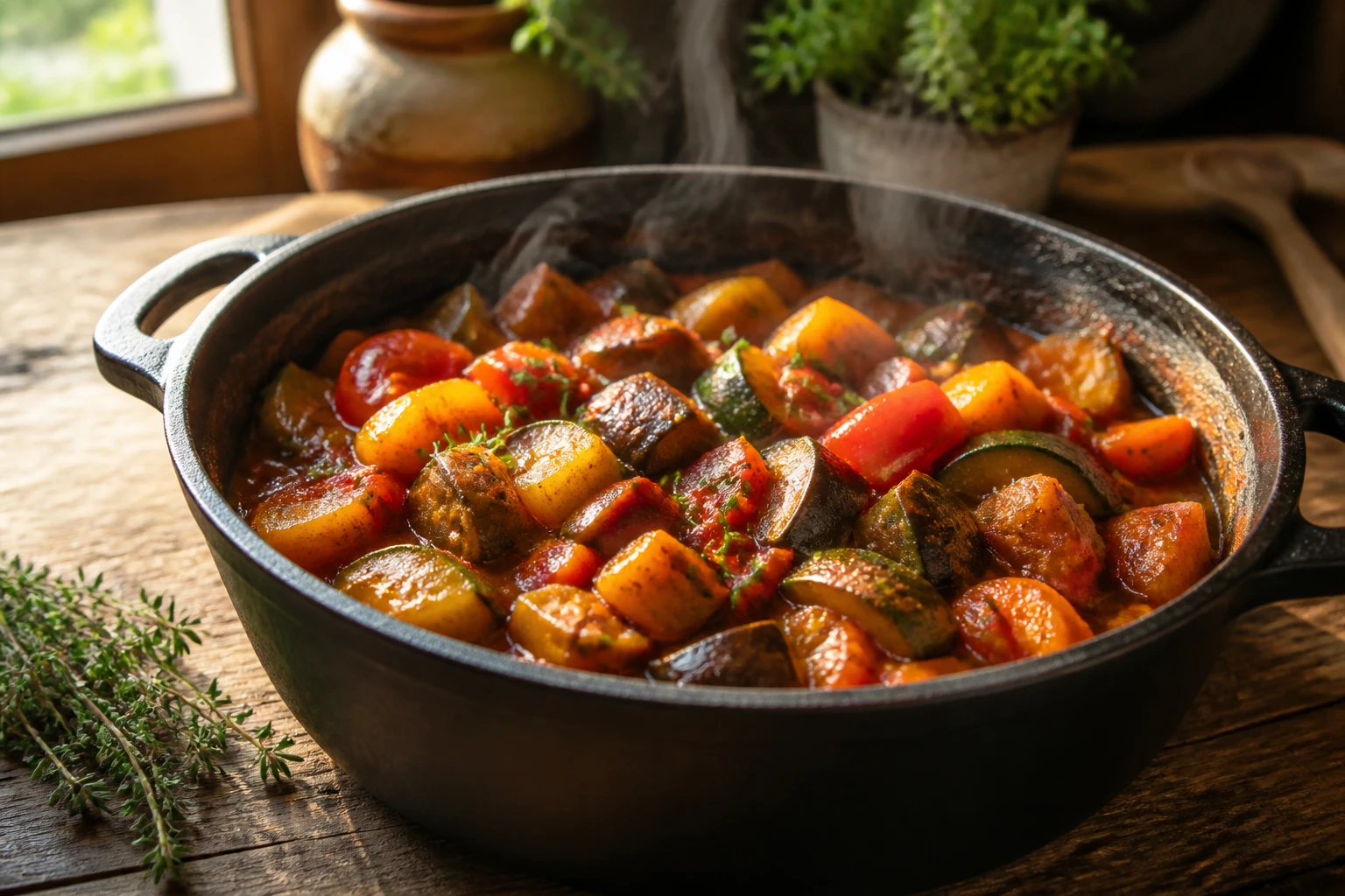 Ratatouille traditionnelle mijotée dans une cocotte en fonte avec légumes coupés en cubes