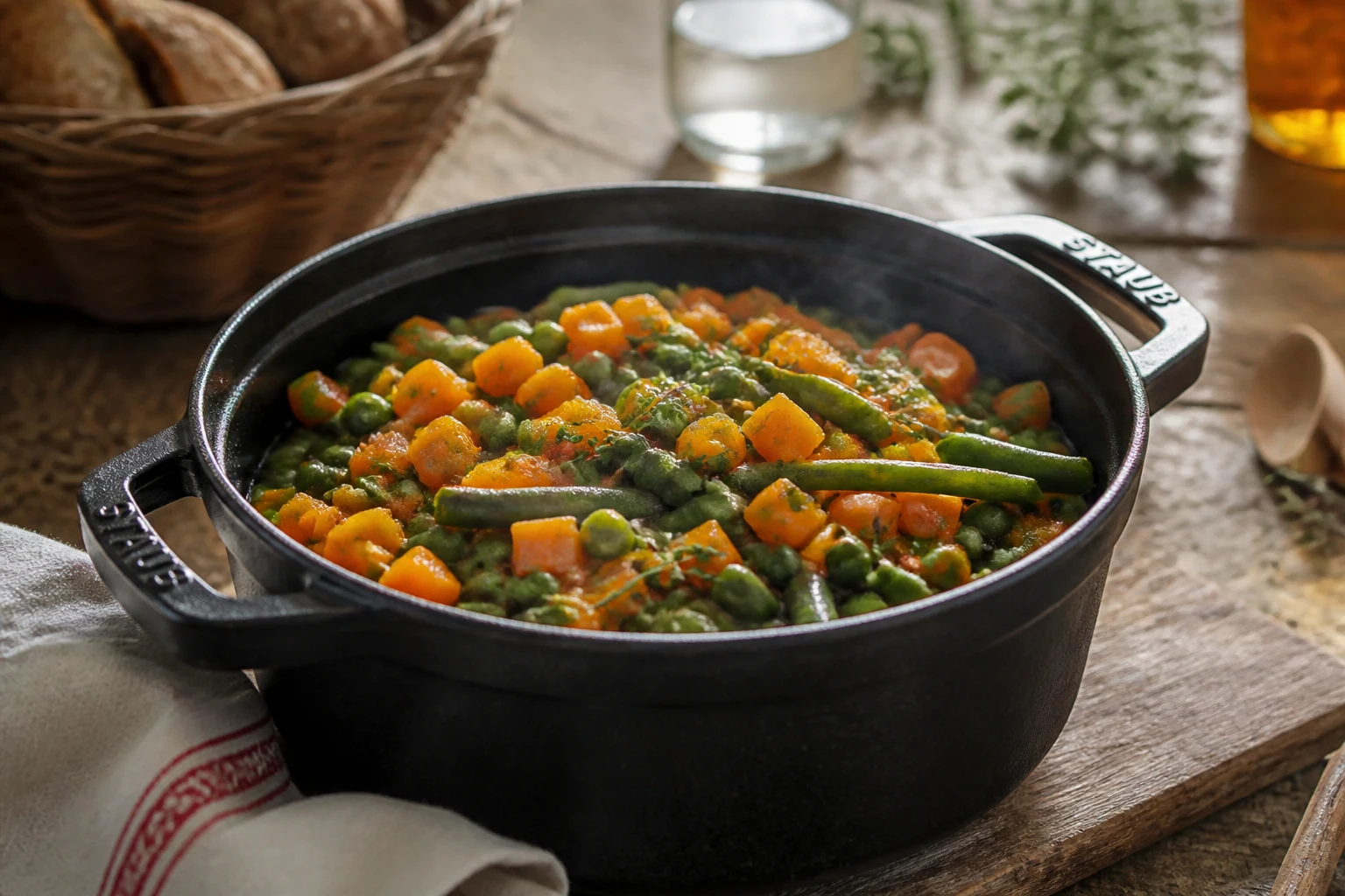 Jardinière de légumes grand-mère dans une cocotte en fonte avec carottes, petits pois et haricots verts