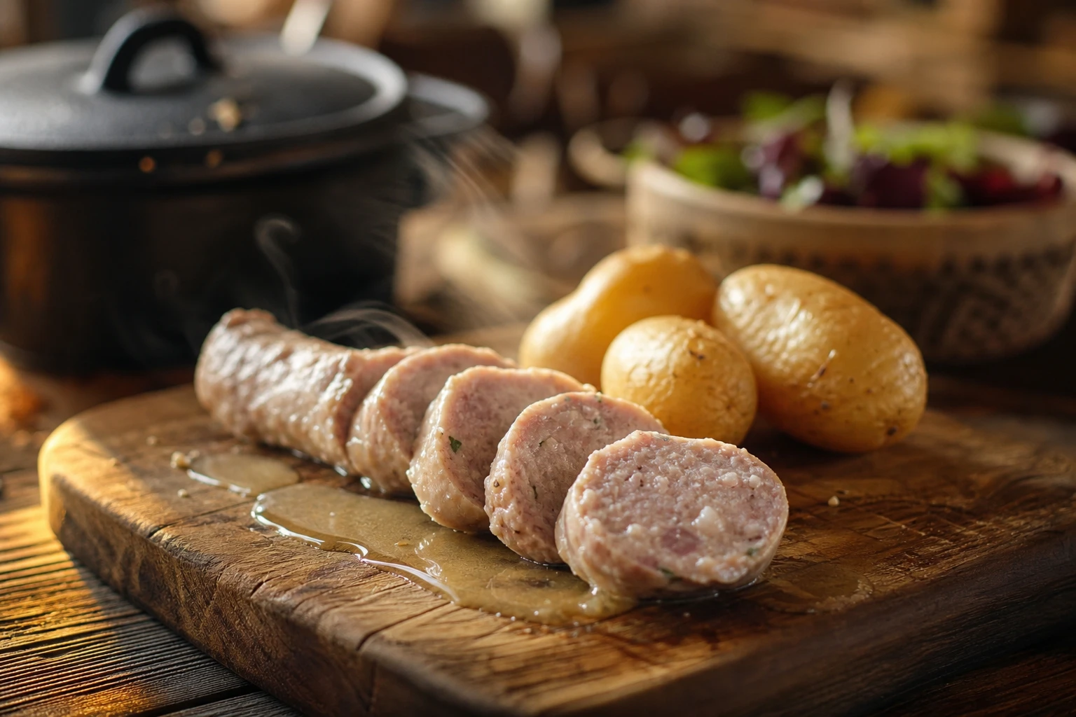 Saucisson à cuire tranché servi avec des pommes de terre et une sauce au vin blanc sur une table en bois