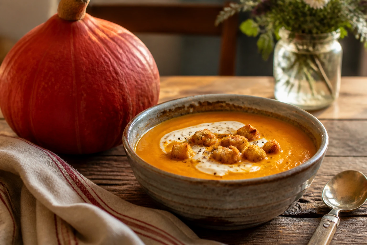 Bol de soupe au potimarron onctueuse garnie de crème et croûtons sur table en bois