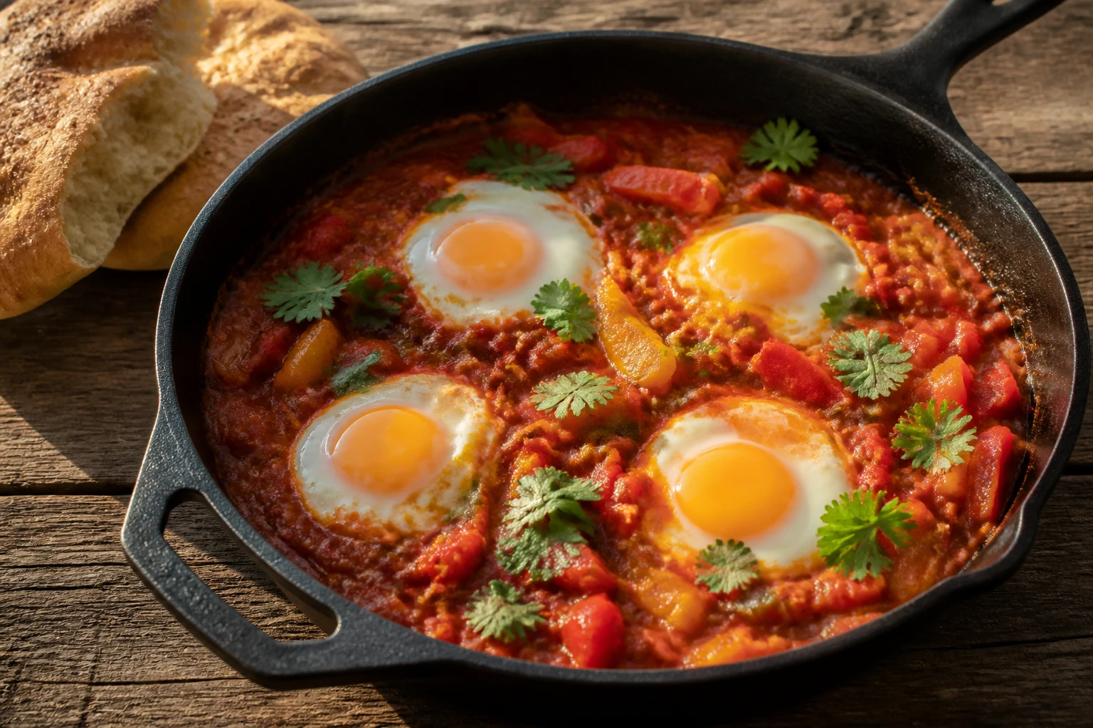 Poêle de tchoutchouka marocaine avec œufs pochés dans une sauce de poivrons et tomates réduite