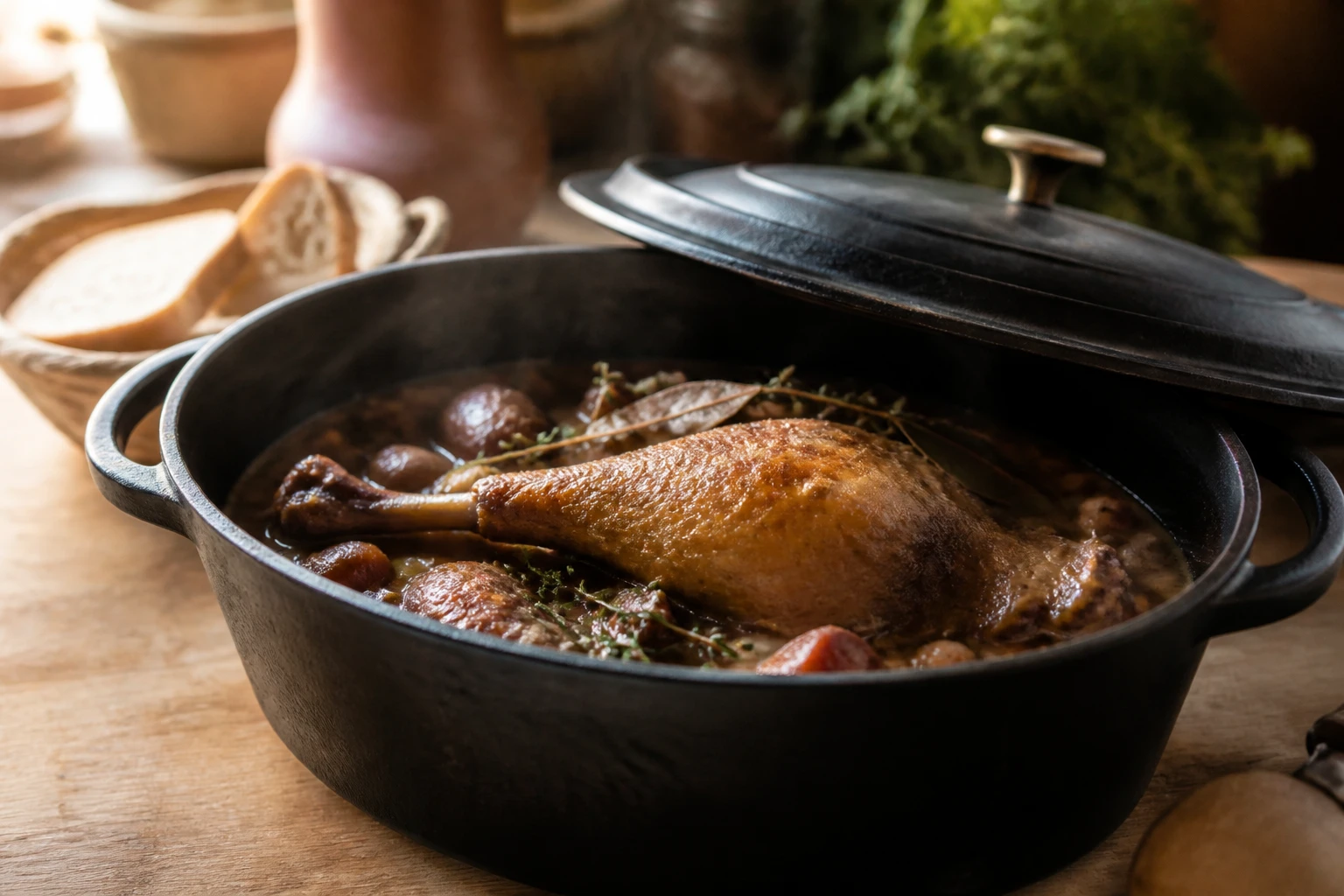 Cuisse de canard dorée mijotant dans une cocotte en fonte noire, cuisine rustique