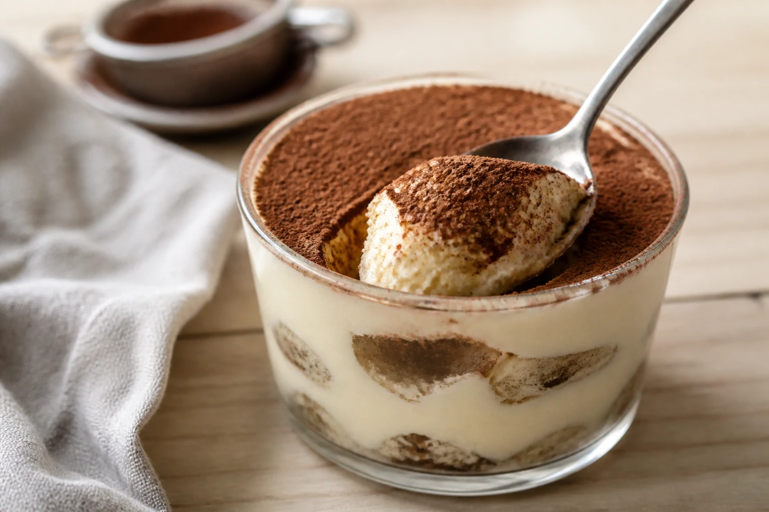 Verrine de tiramisu à la crème mascarpone ferme, saupoudrée de cacao, texture dense et bien tenue