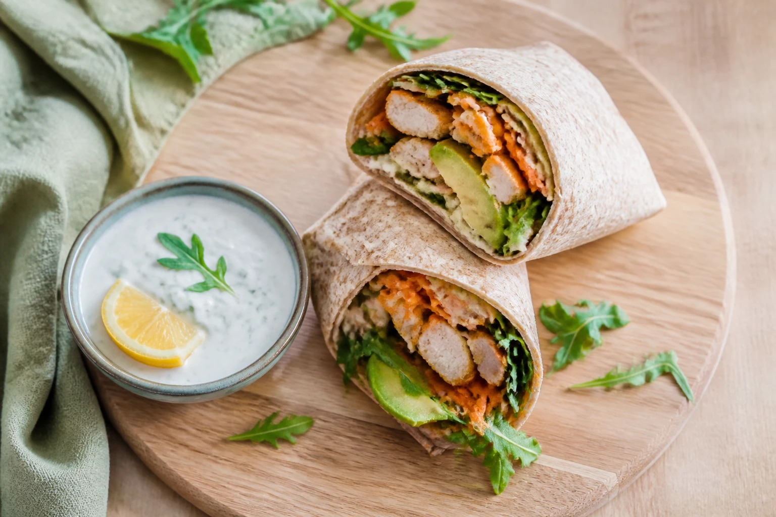 Wrap poulet healthy coupé en deux avec avocat, légumes croquants et sauce au yaourt citron
