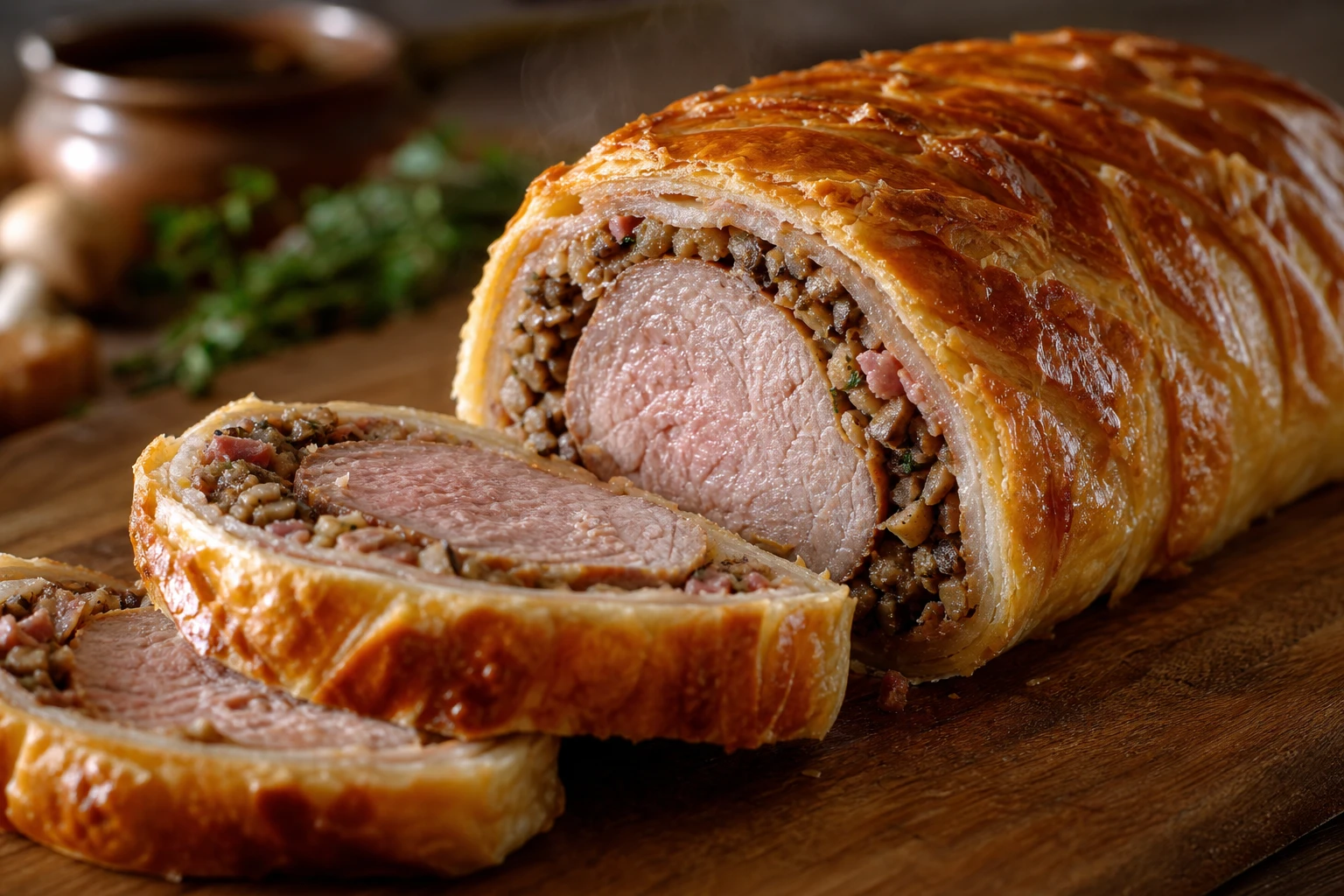 Filet mignon en croûte doré tranché, hachis de champignons et jambon visible, sur planche en bois