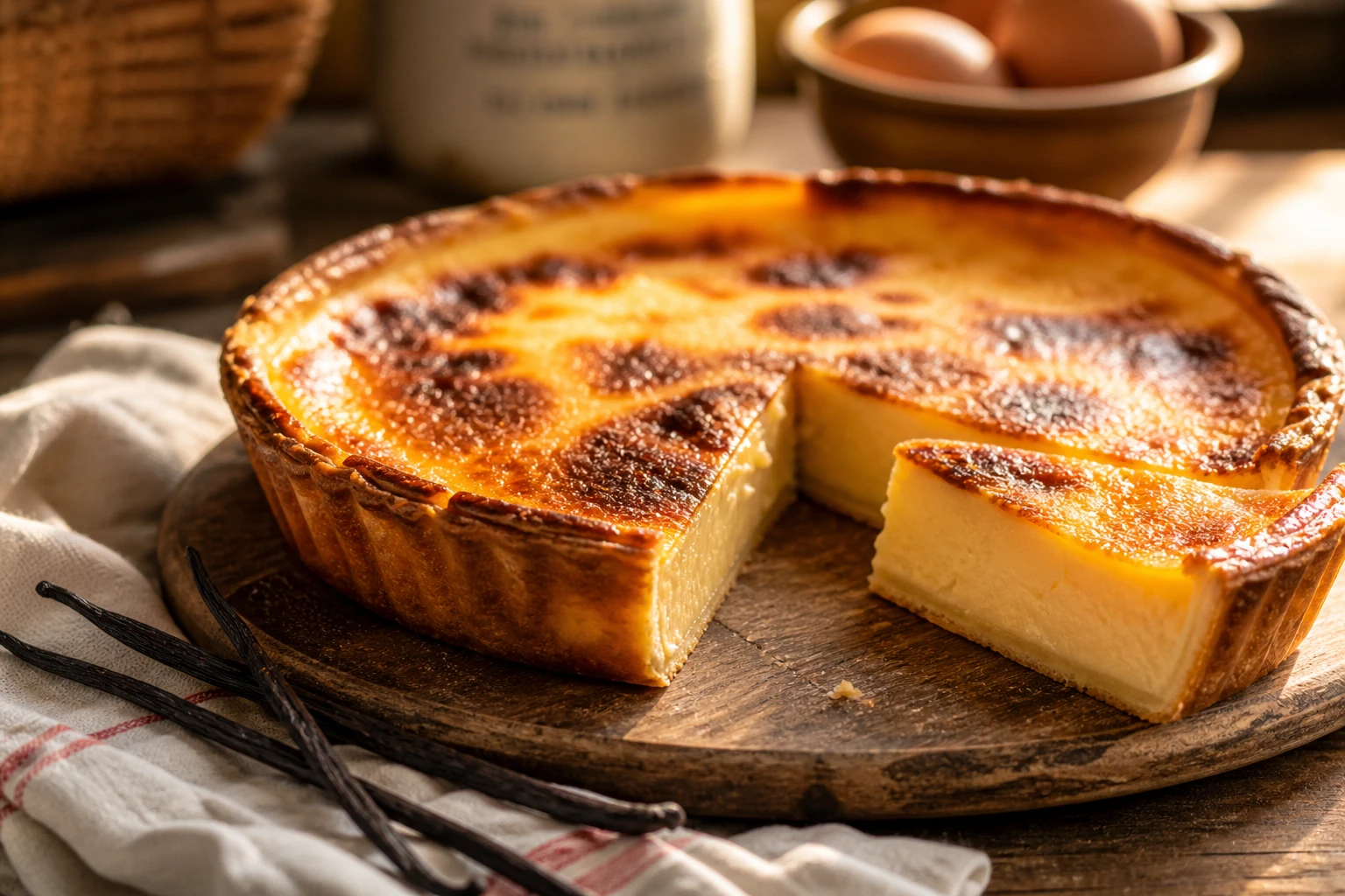 Flan pâtissier grand-mère entier avec une part découpée montrant son cœur crémeux, sur planche en bois