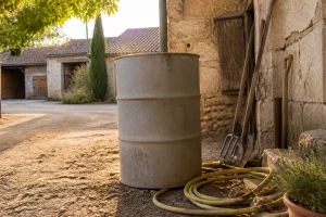 Fût de 200 litres métallique récupéré gratuitement posé dans une cour de ferme