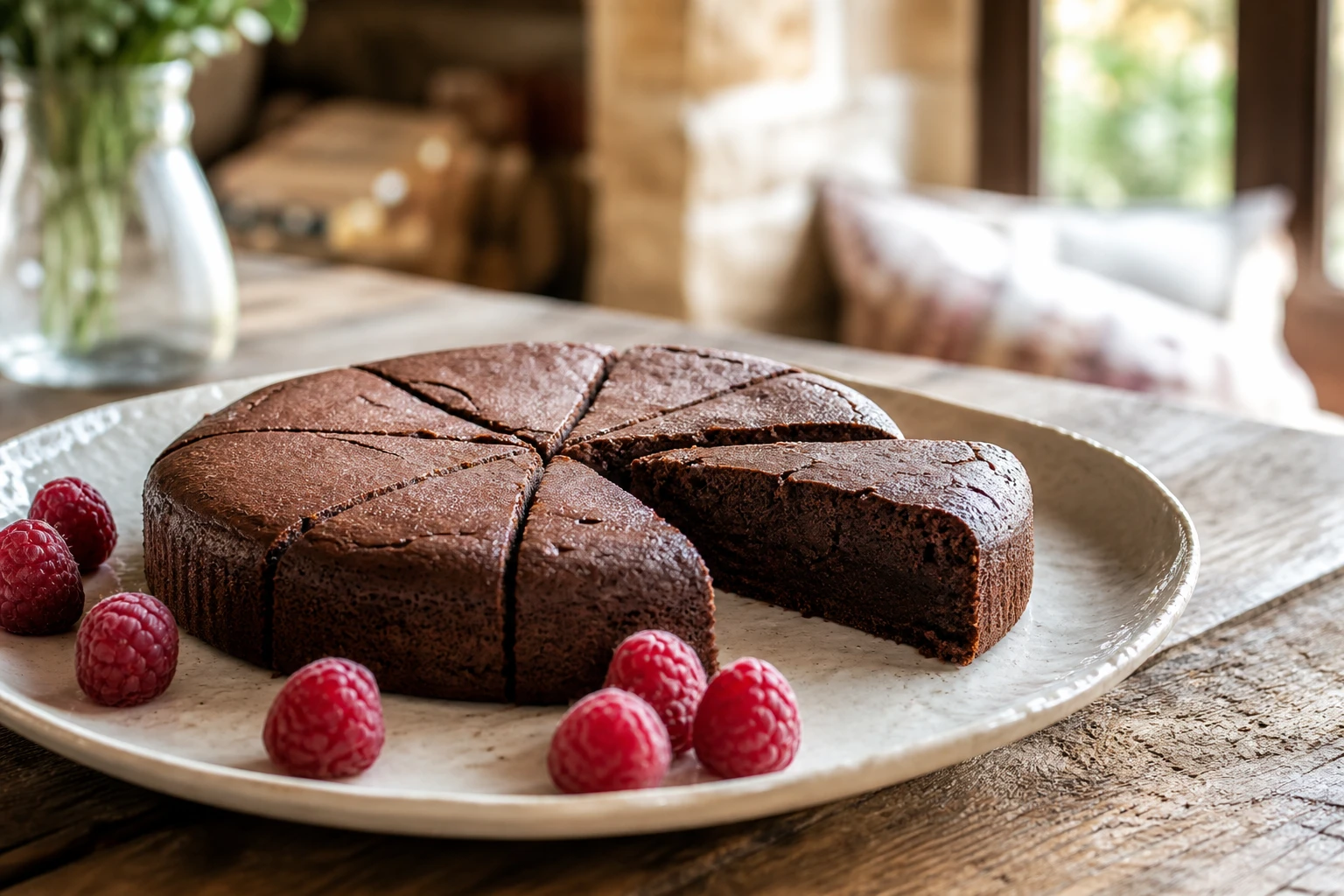 Gâteau au chocolat sans sucre pour diabétique coupé en parts, servi avec des framboises fraîches