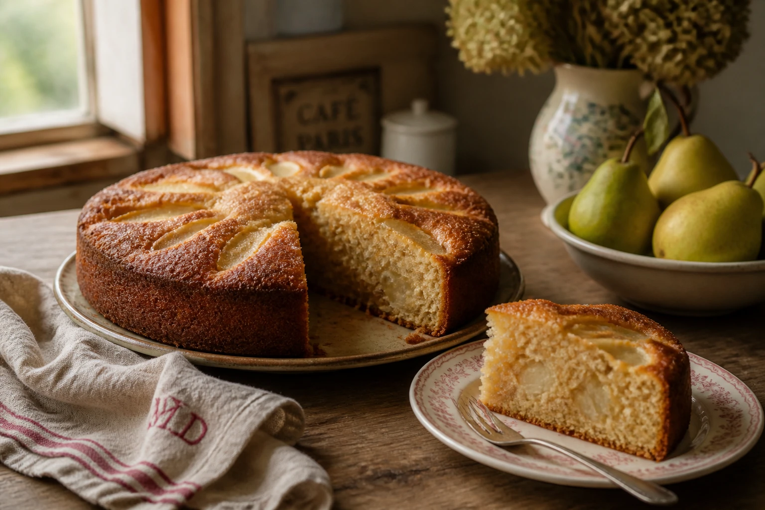 Gâteau aux poires de grand-mère moelleux, coupé en tranches sur une table en bois