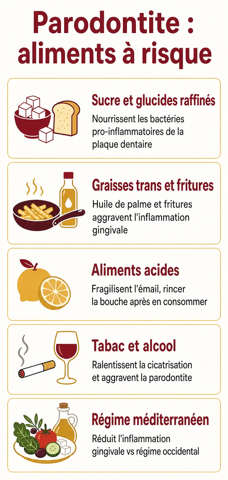 Parodontite : aliments à risque : Sucre et glucides raffinés, Graisses trans et fritures, Aliments acides, Tabac et alcool, Régime méditerranéen
