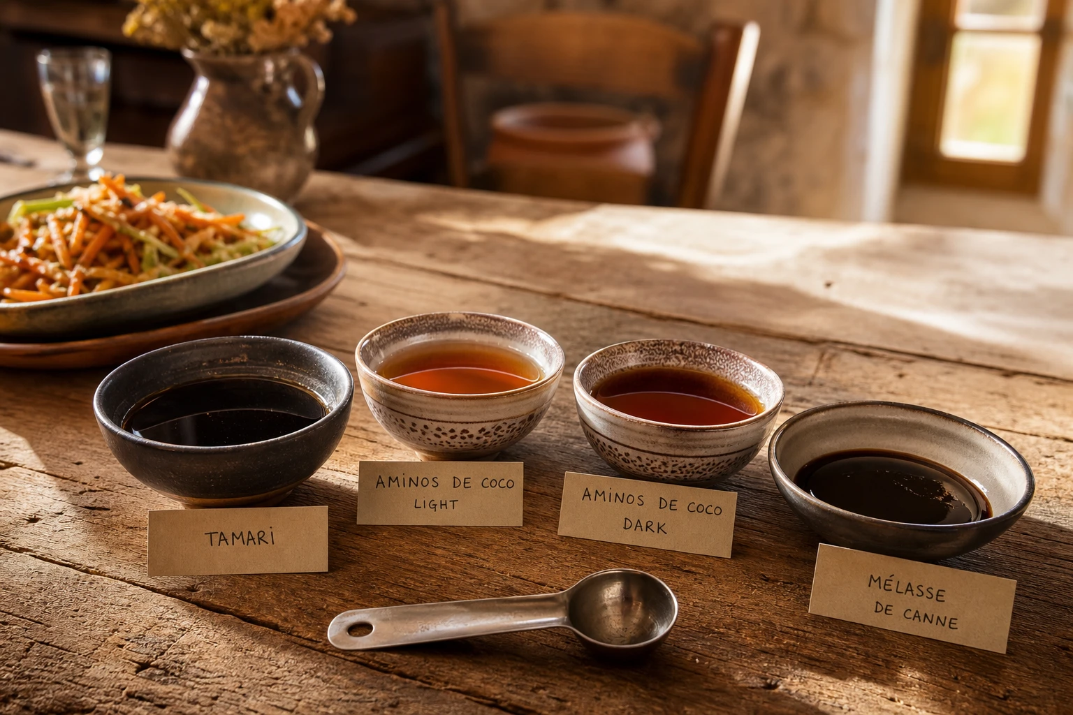 Bols de tamari, aminos de coco et mélasse comme substituts de sauce soja sur table en bois