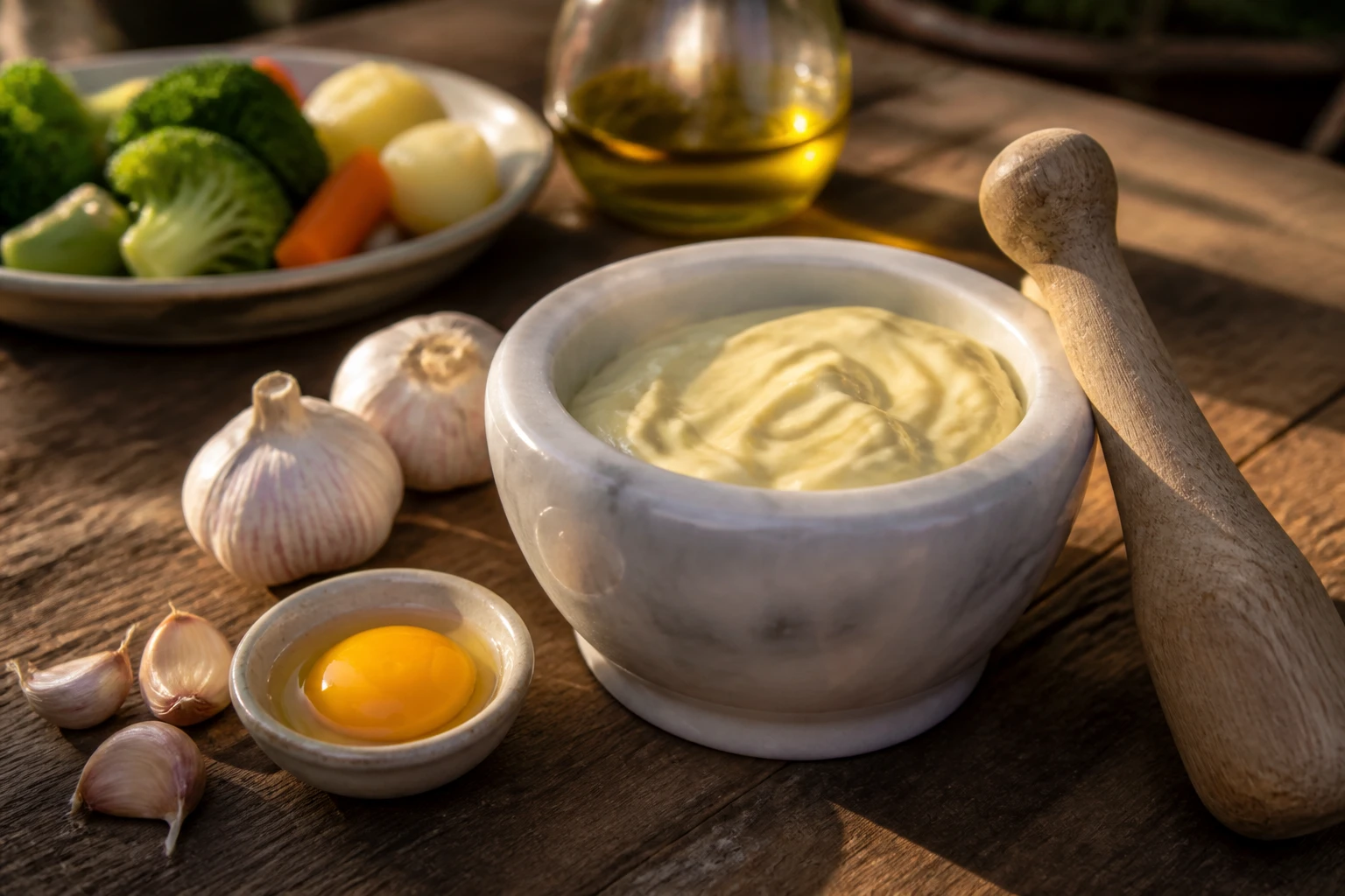 Aïoli maison dans un mortier en marbre avec ail et pilon en bois sur table provençale