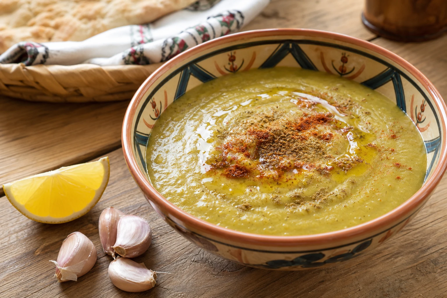 Bol de bissara marocaine, soupe de pois cassés à l'huile d'olive et au cumin
