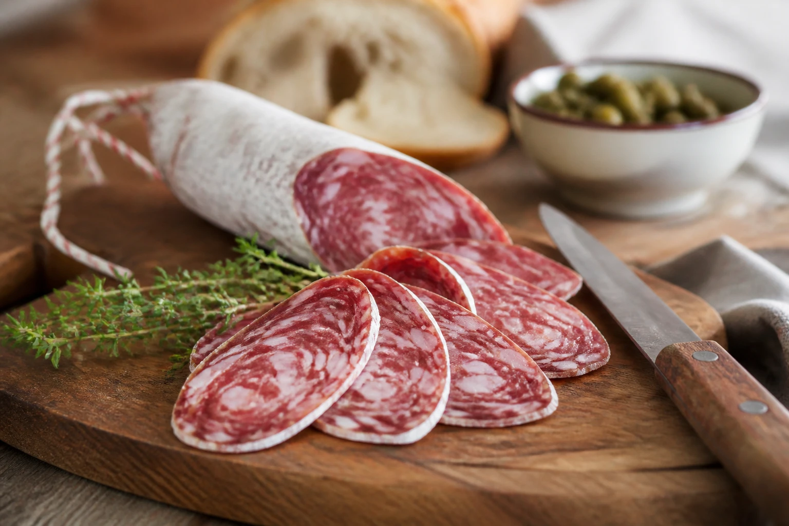 Tranches de saucisson sans gras disposées sur une planche en bois avec brins de thym
