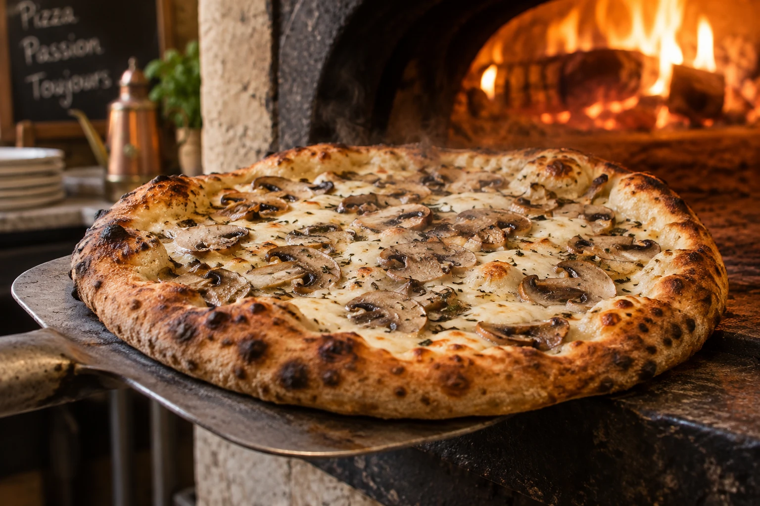 Pizza garnie de champignons dorés sortant d'un four à bois, gros plan sur la garniture