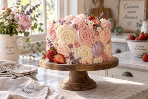 Gâteau décoré de rosaces de chantilly sur un plateau en bois dans une cuisine lumineuse