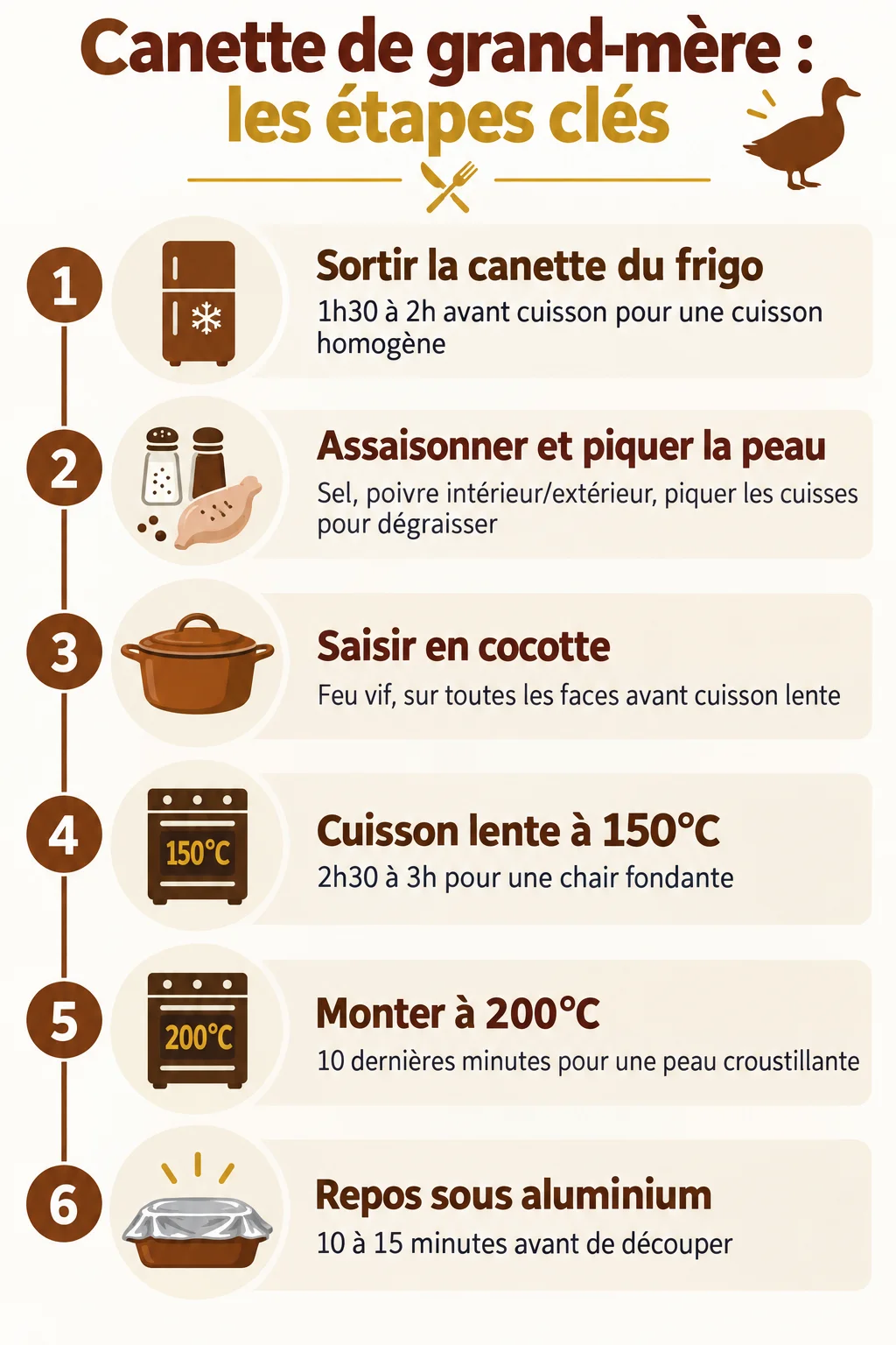Canette de grand-mère : les étapes clés : 1. Sortir la canette du frigo, 2. Assaisonner et piquer la peau, 3. Saisir en cocotte, 4. Cuisson lente à 150°C, 5. Monter à 200°C, 6. Repos sous aluminium