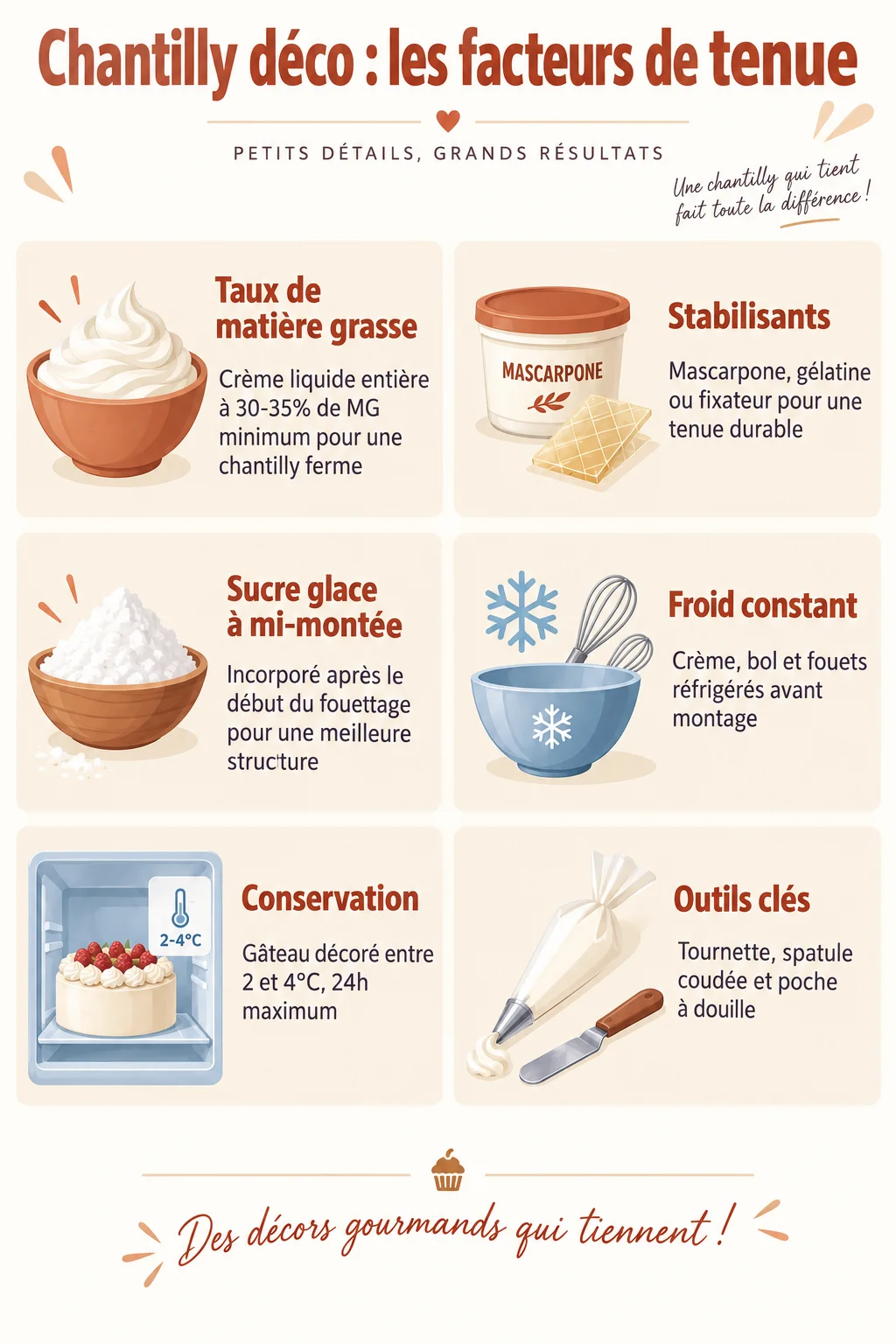 Chantilly déco : les facteurs de tenue : Taux de matière grasse, Stabilisants, Sucre glace à mi-montée, Froid constant, Conservation, Outils clés