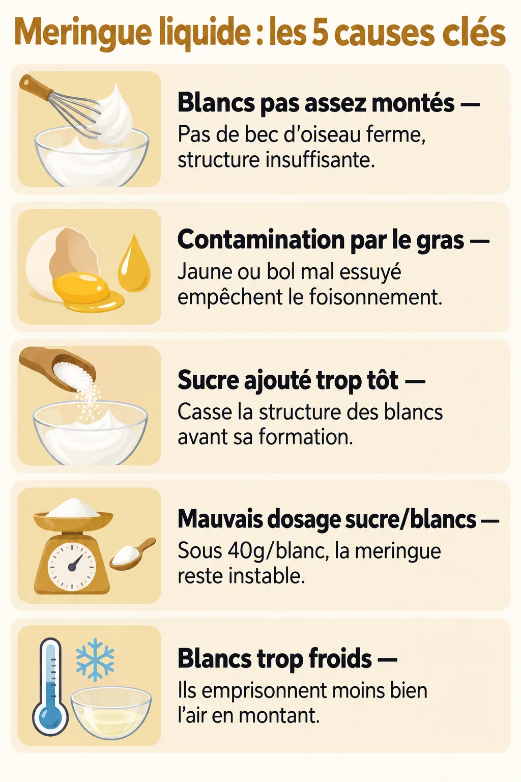 Meringue liquide : les 5 causes clés : Blancs pas assez montés, Contamination par le gras, Sucre ajouté trop tôt, Mauvais dosage sucre/blancs, Blancs trop froids