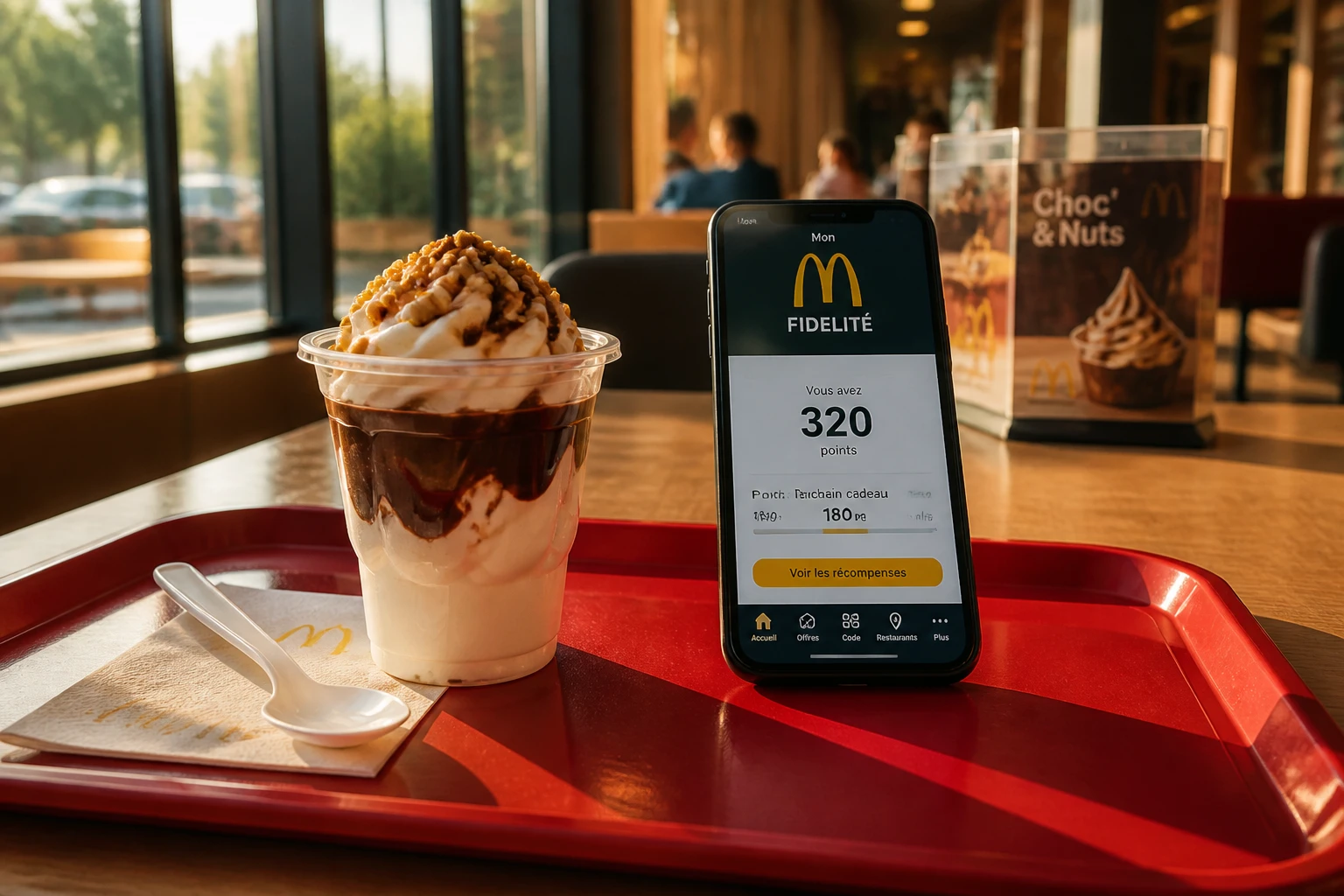 Dessert McDonald's offert posé à côté d'un smartphone affichant l'application McDo+