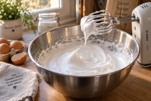 Meringue trop liquide dans un bol en inox pendant le montage au fouet électrique