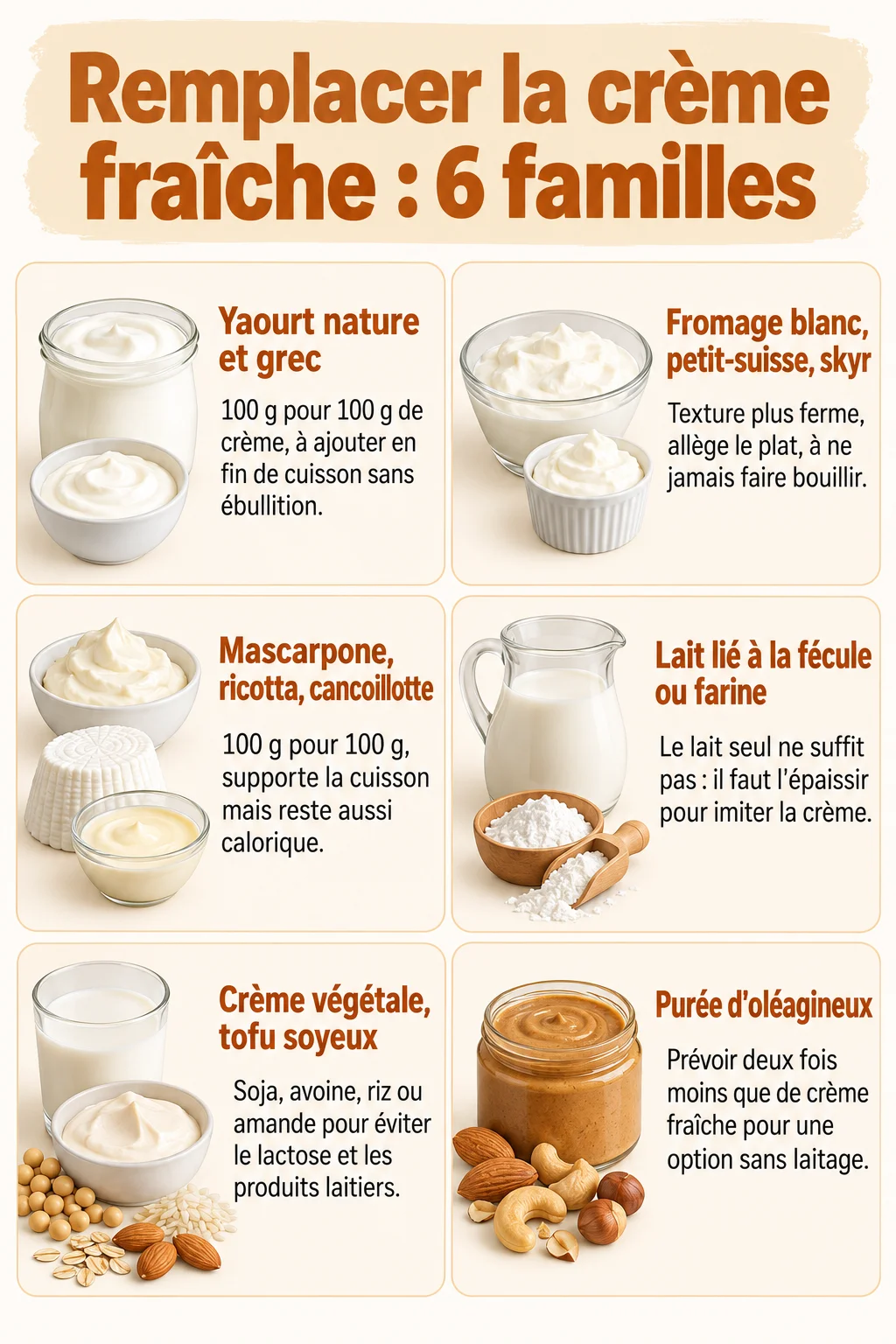 Remplacer la crème fraîche : 6 familles : Yaourt nature et grec, Fromage blanc, petit-suisse, skyr, Mascarpone, ricotta, cancoillotte, Lait lié à la fécule ou farine, Crème végétale, tofu soyeux, Purée d'oléagineux