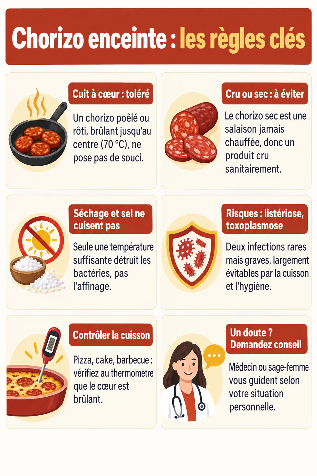 Chorizo enceinte : les règles clés : Cuit à cœur : toléré, Cru ou sec : à éviter, Séchage et sel ne cuisent pas, Risques : listériose, toxoplasmose, Contrôler la cuisson, Un doute ? Demandez conseil