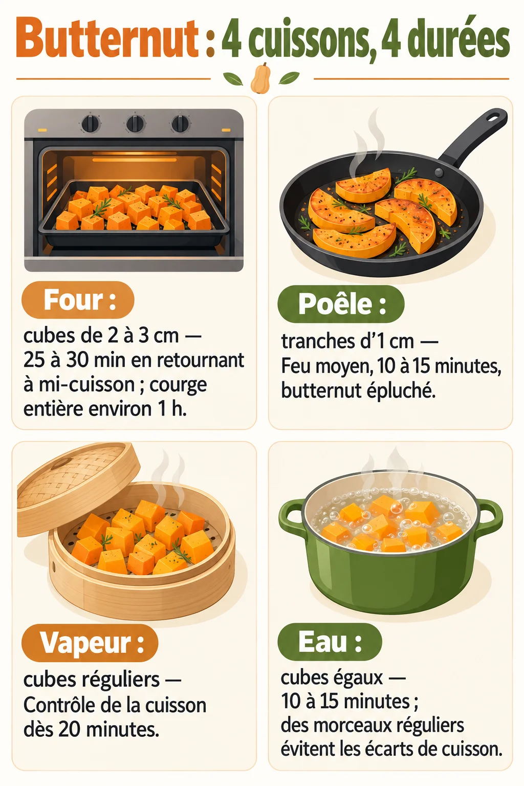 Butternut : 4 cuissons, 4 durées : Four : cubes de 2 à 3 cm, Poêle : tranches d'1 cm, Vapeur : cubes réguliers, Eau : cubes égaux