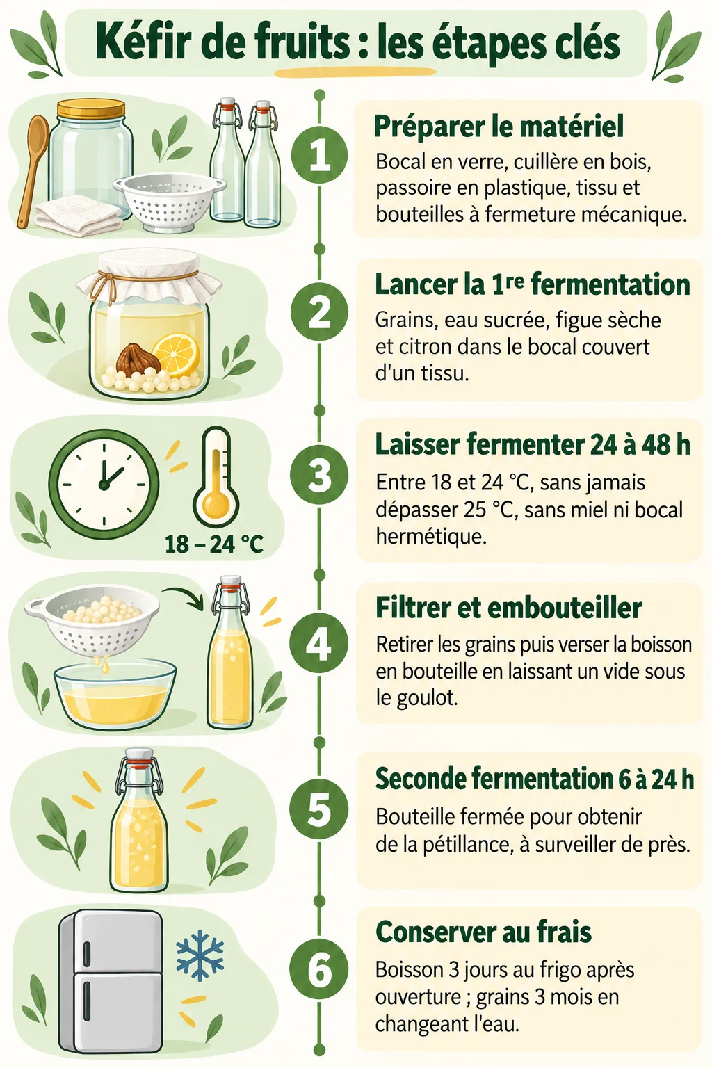 Kéfir de fruits : les étapes clés : 1. Préparer le matériel, 2. Lancer la 1re fermentation, 3. Laisser fermenter 24 à 48 h, 4. Filtrer et embouteiller, 5. Seconde fermentation 6 à 24 h, 6. Conserver au frais