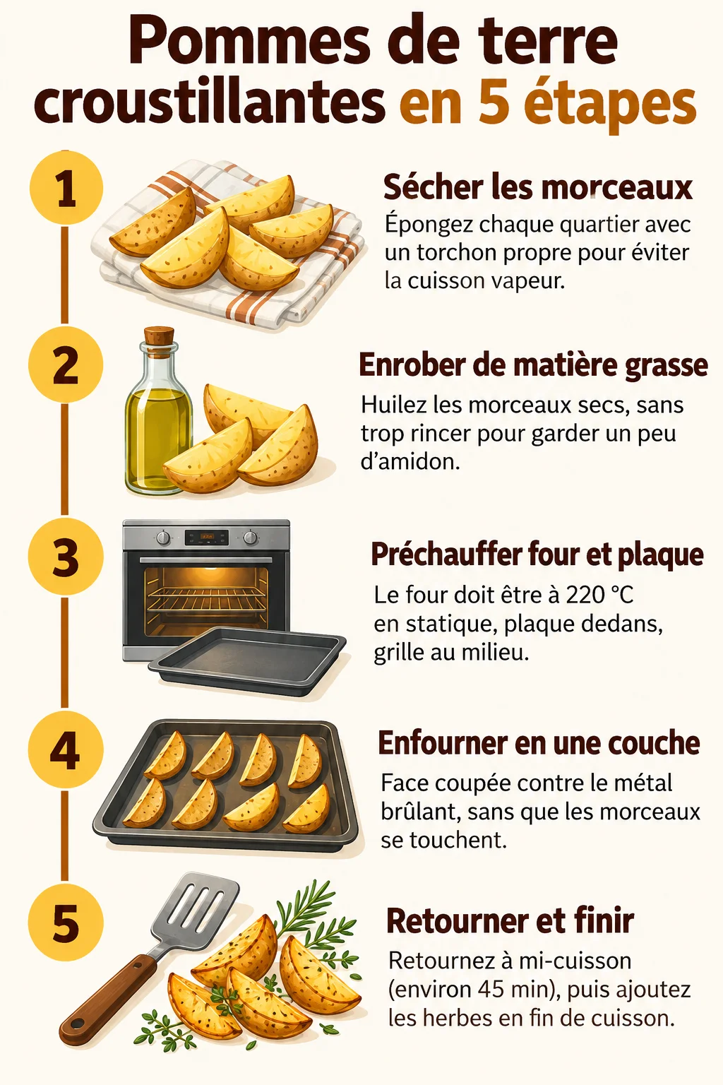 Pommes de terre croustillantes en 5 étapes : 1. Sécher les morceaux, 2. Enrober de matière grasse, 3. Préchauffer four et plaque, 4. Enfourner en une couche, 5. Retourner et finir